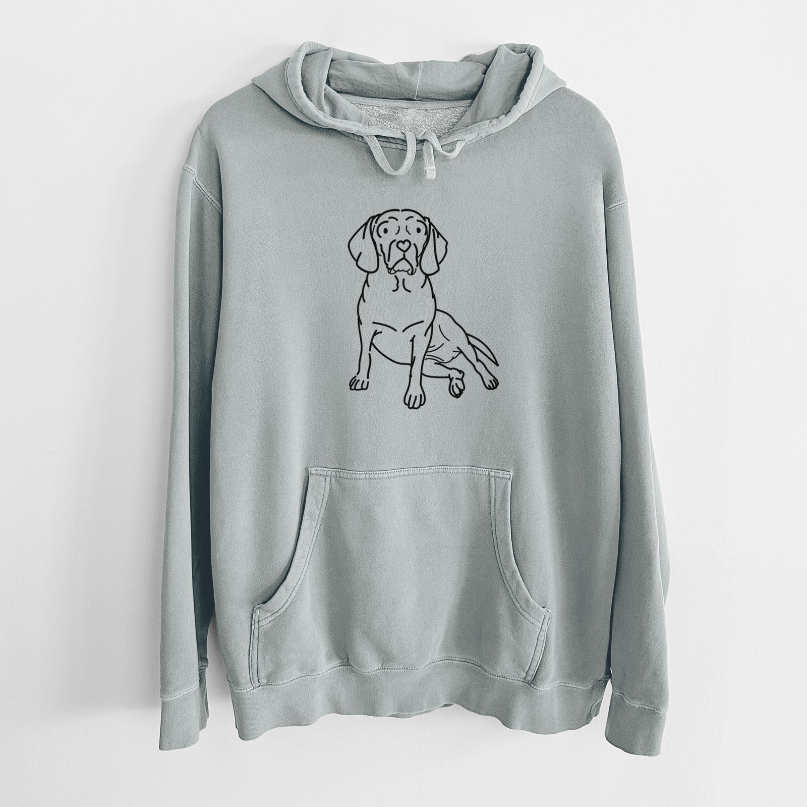 Minimalist line drawing of Mayble the Puggle on a Sage Unisex pigment dyed hoodie