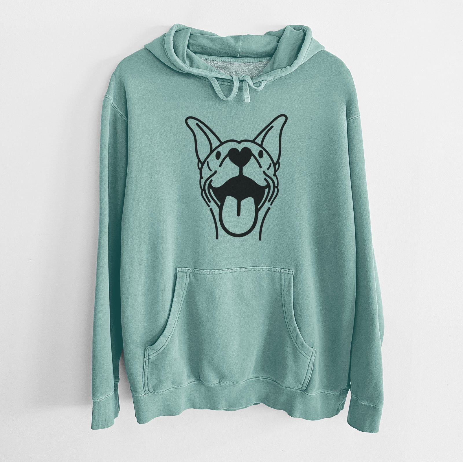 Minimalist line drawing of Merlin the Basenji on a Mint Unisex pigment dyed hoodie