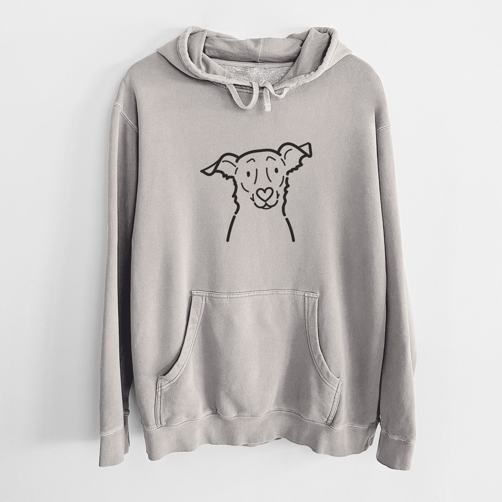 Minimalist line drawing of Millie the Border Collie Mix on a Cement Unisex pigment dyed hoodie