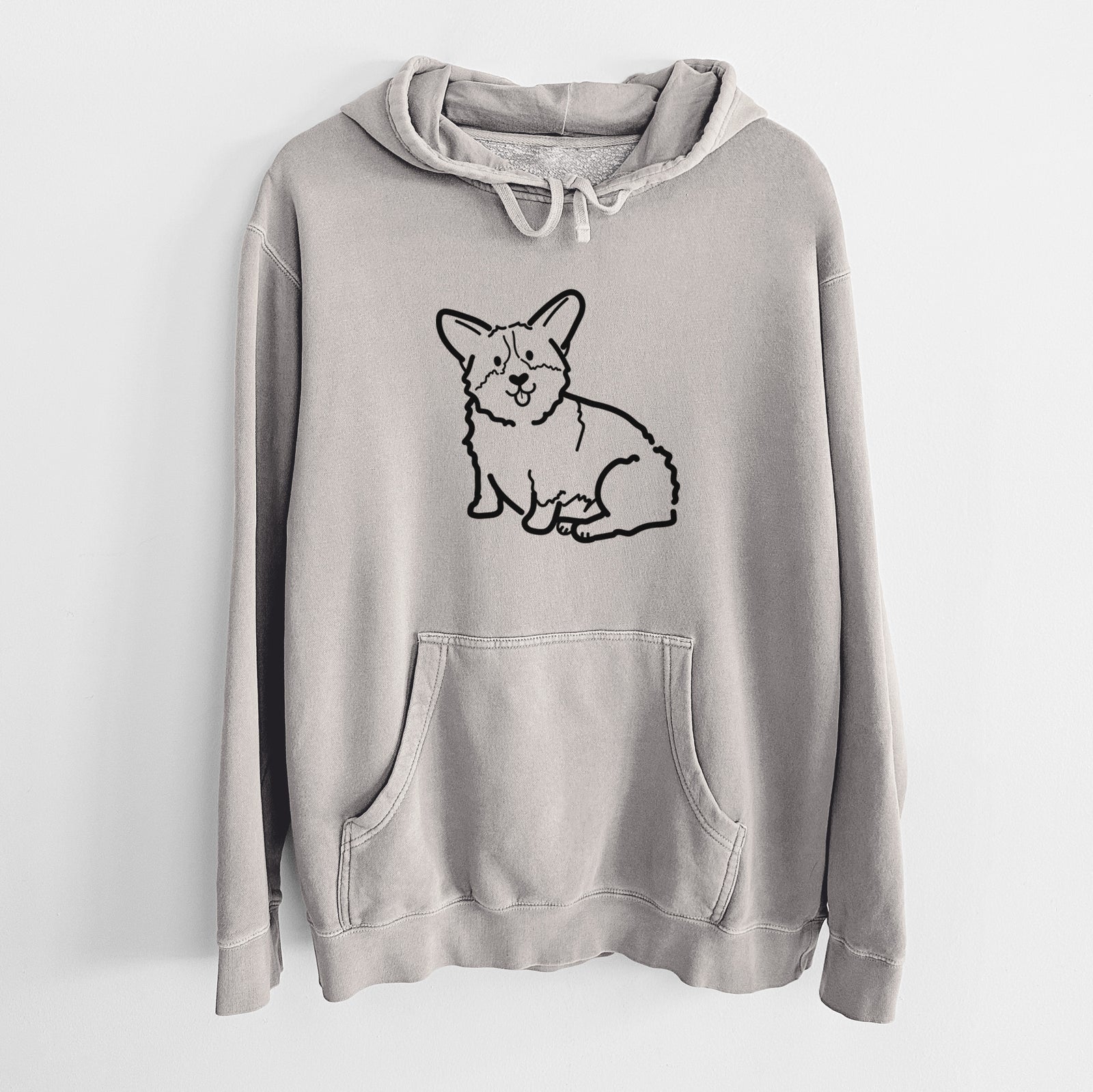 Minimalist line drawing of Millie the Pembroke Welsh Corgi on a Cement Unisex pigment dyed hoodie
