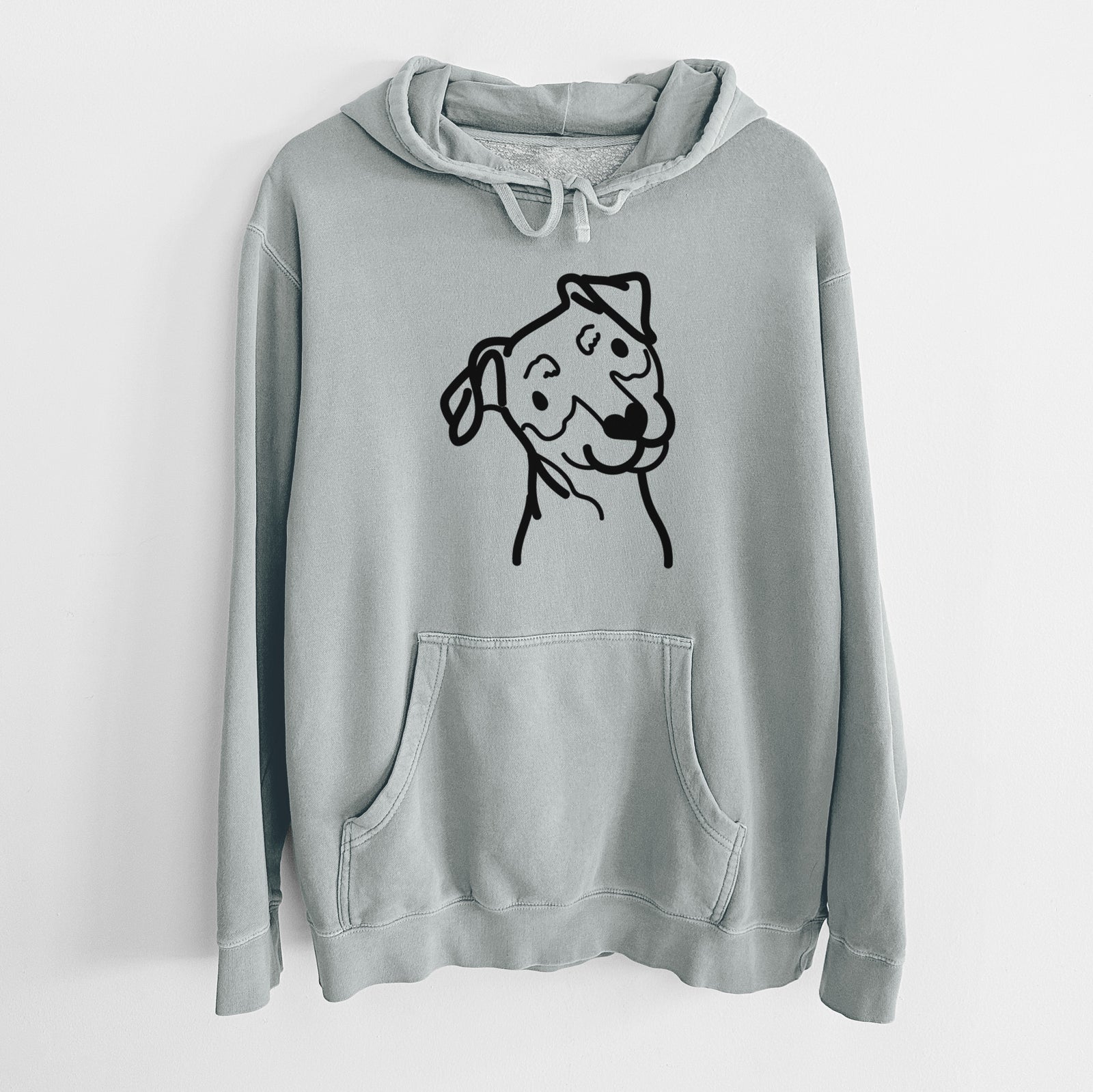 Minimalist line drawing of a Mini Pinscher on a Sage Unisex pigment dyed hoodie