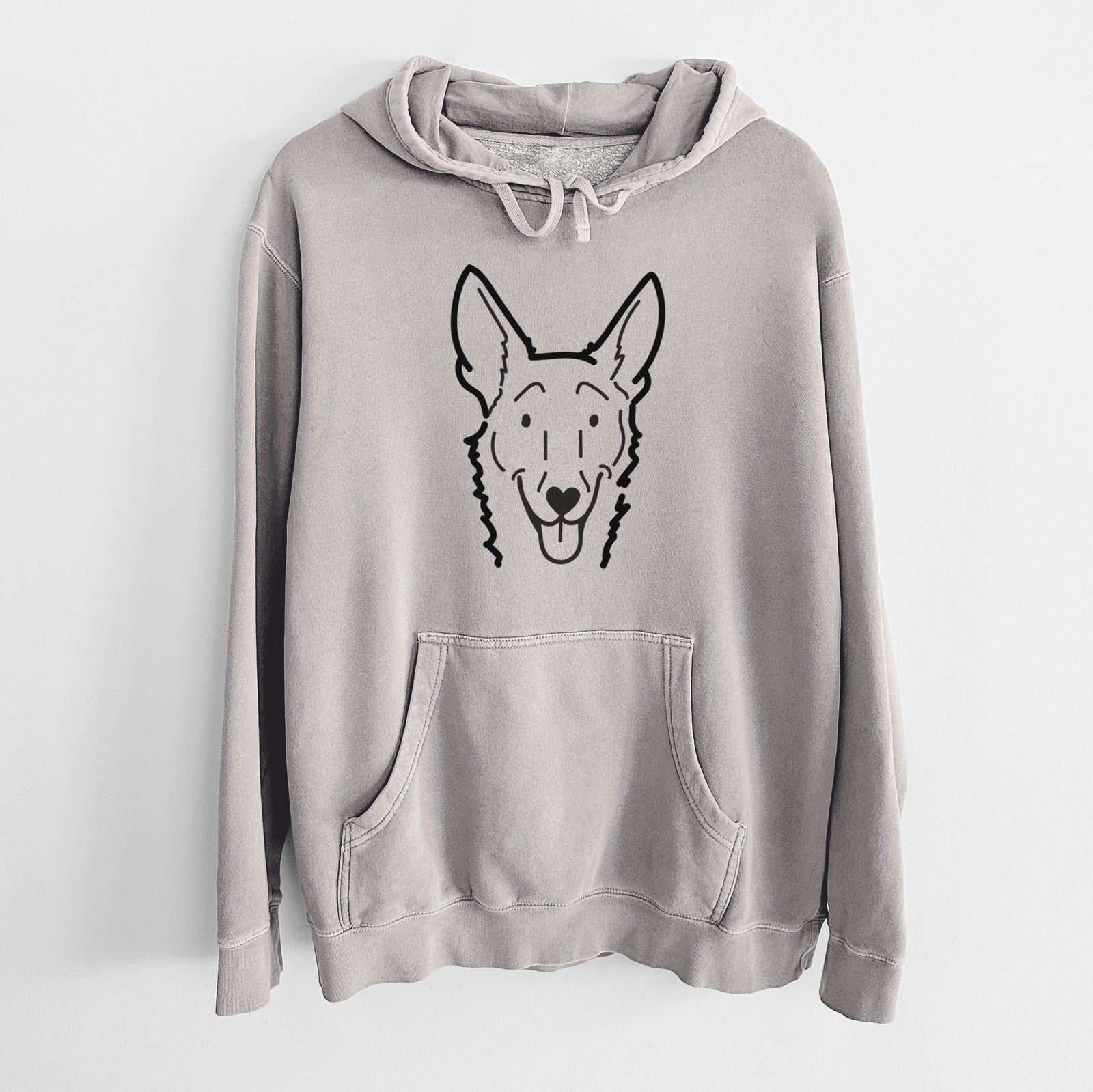 Minimalist line drawing of Mochi the Carolina Dog on a Cement Unisex pigment dyed hoodie