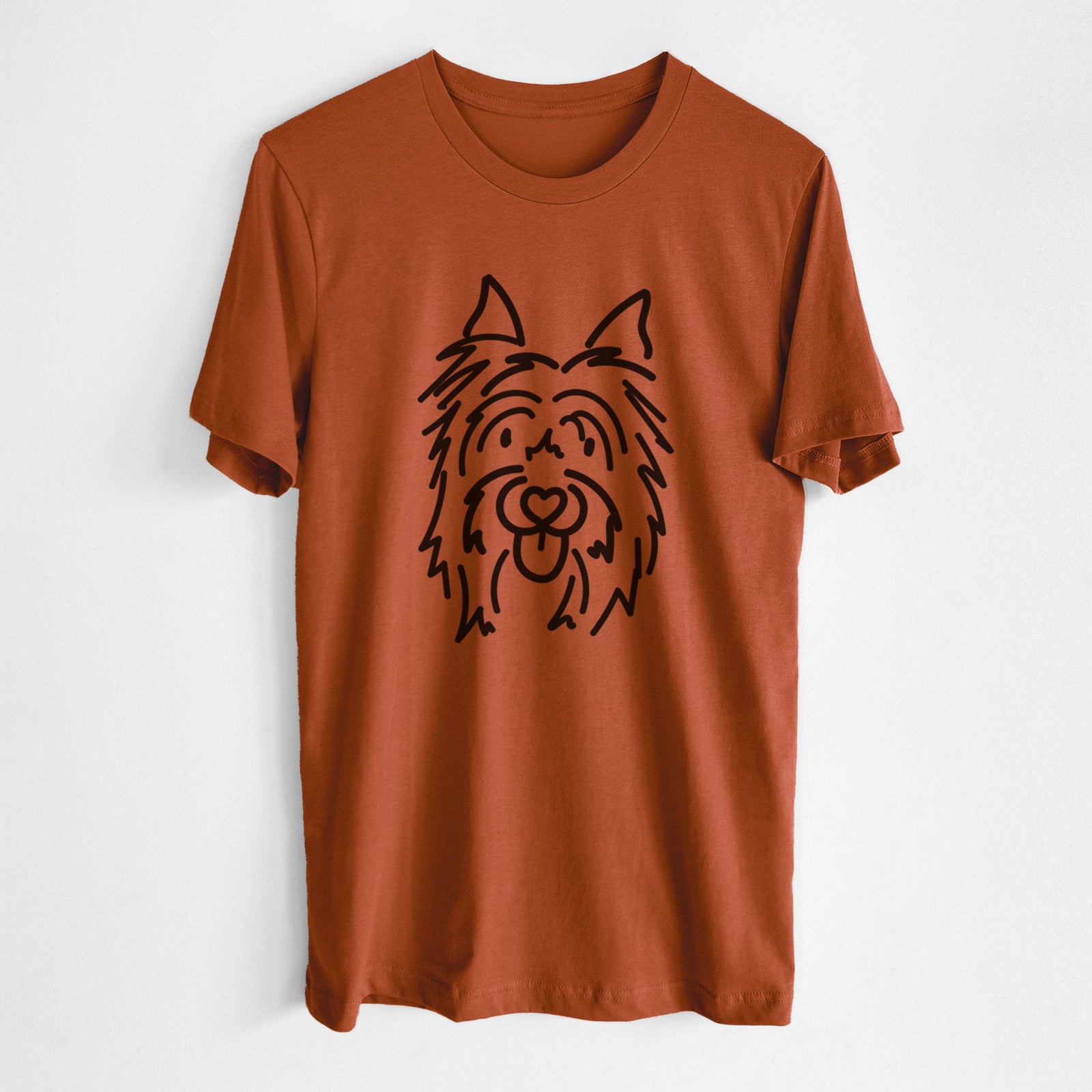 Minimalist line drawing of Monty the Silky Terrier on an Autumn Unisex crewneck, worn by a man