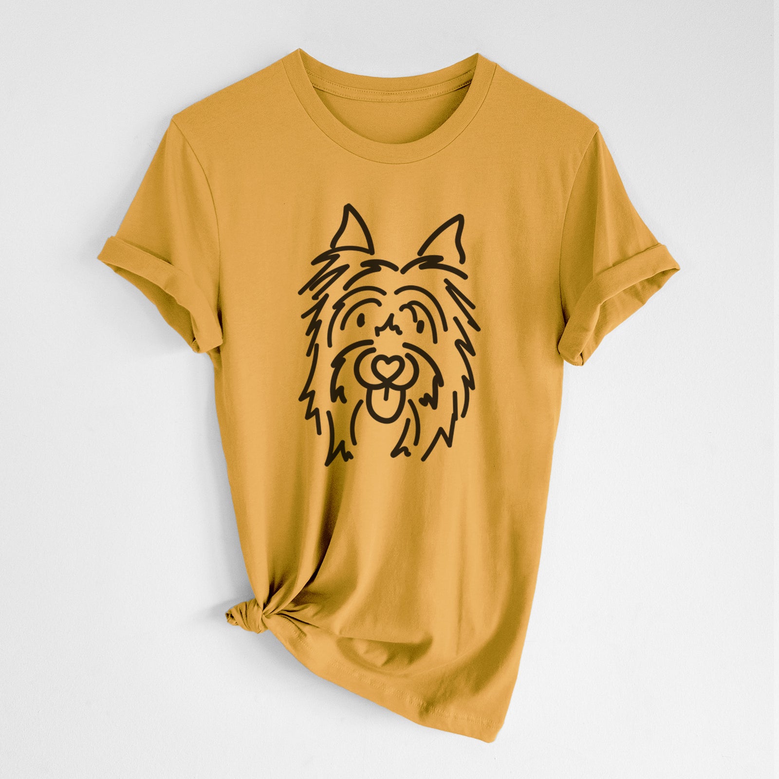 Minimalist line drawing of Monty the Silky Terrier on a Honeycomb Unisex crewneck, worn by a woman
