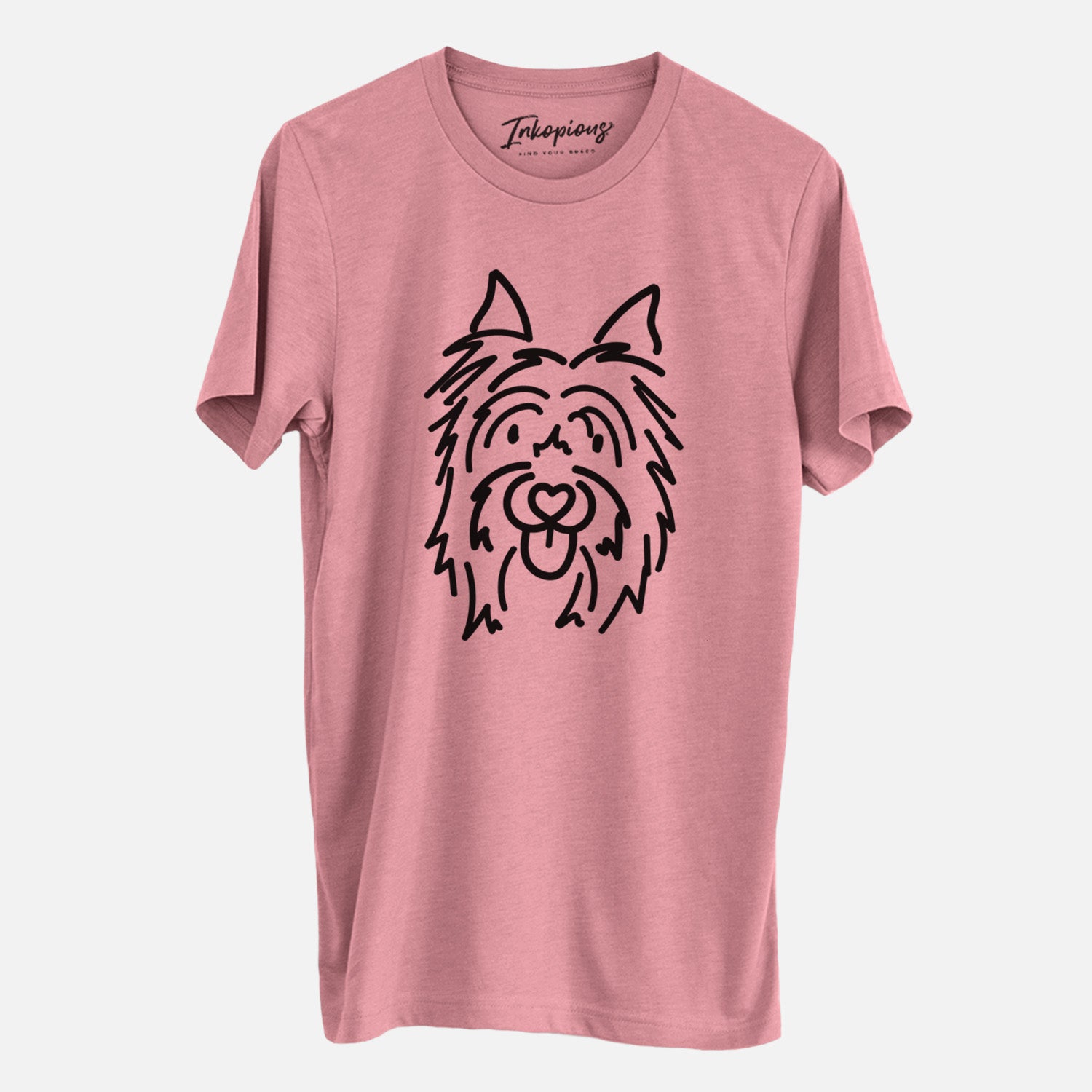 Minimalist line drawing of Monty the Silky Terrier on a Mauve Unisex crewneck, worn by a man