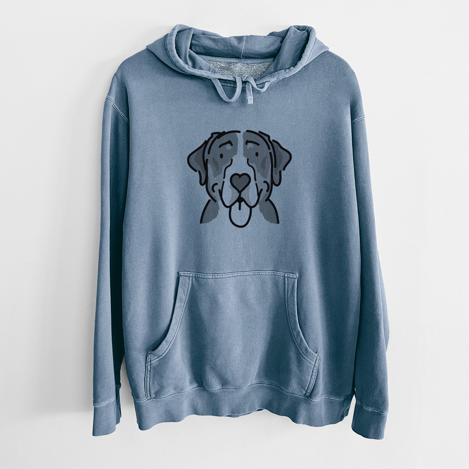 Minimalist line drawing of Moose the Greater Swiss Mountain Dog on a Slate Blue Unisex pigment dyed hoodie
