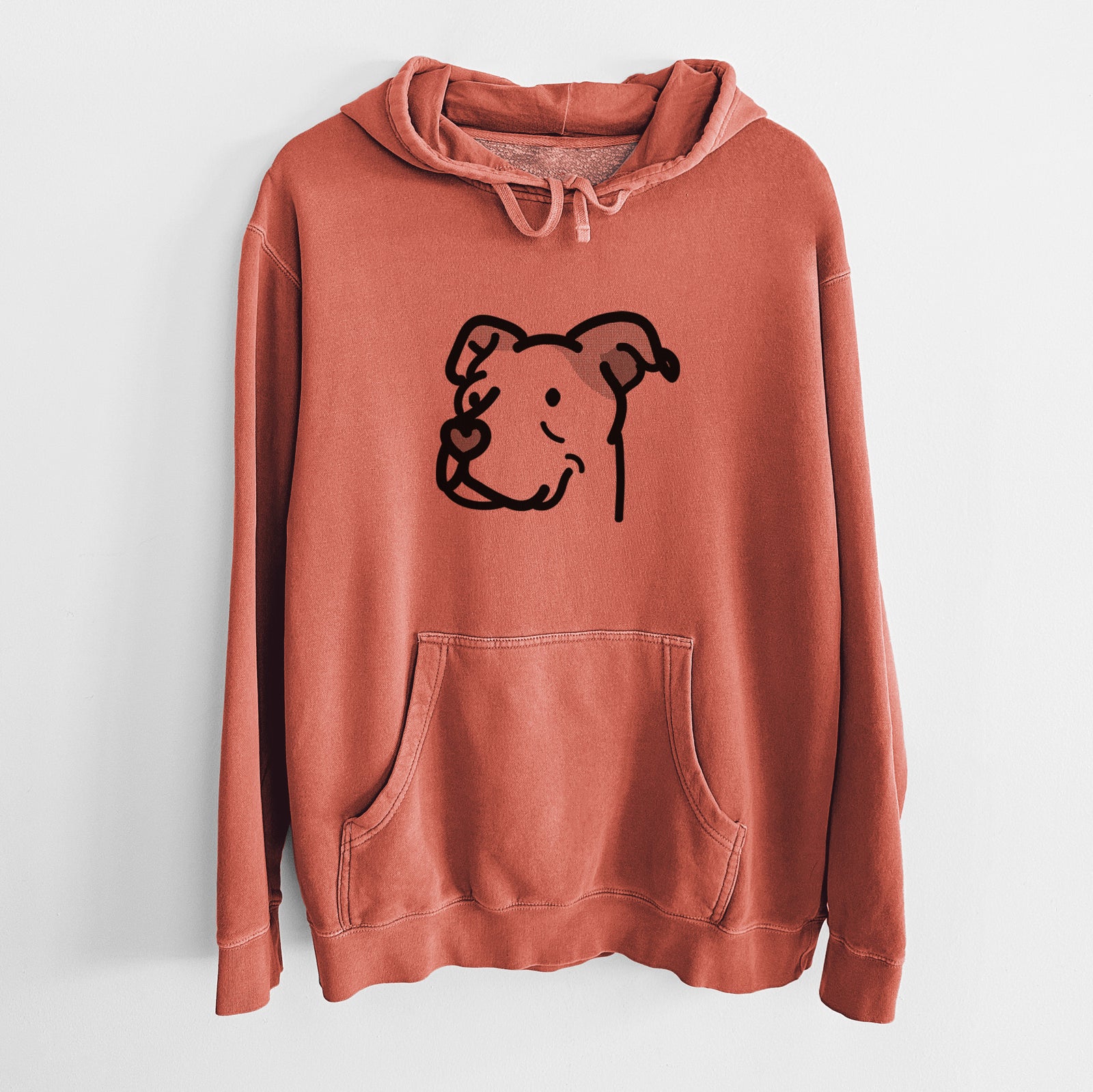 Minimalist line drawing of Mr. Sir the Pitbull Mix on an Amber Unisex pigment dyed hoodie