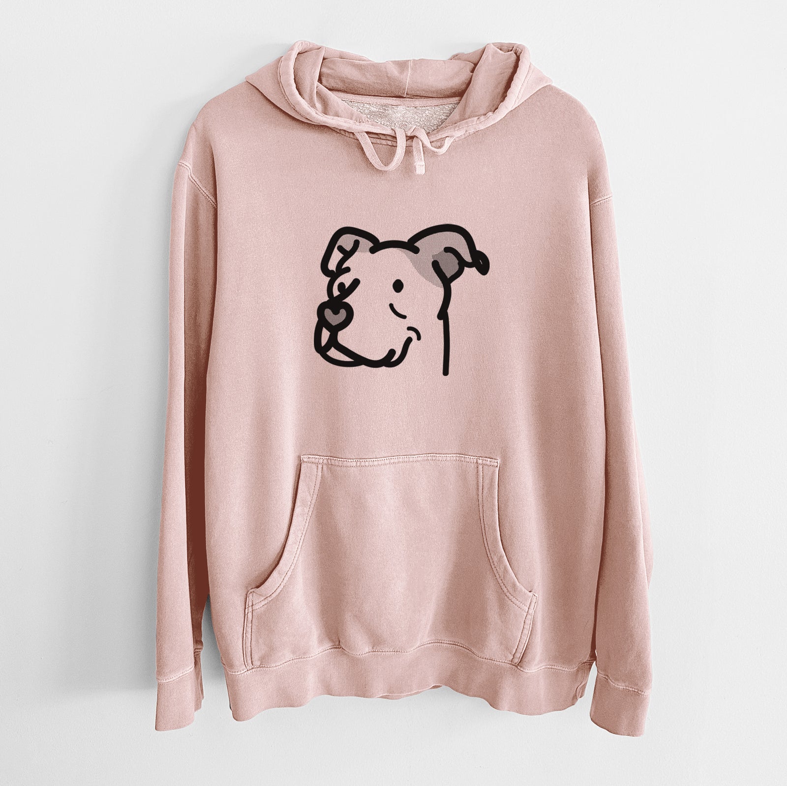 Minimalist line drawing of Mr. Sir the Pitbull Mix on a Dusty Pink Unisex pigment dyed hoodie