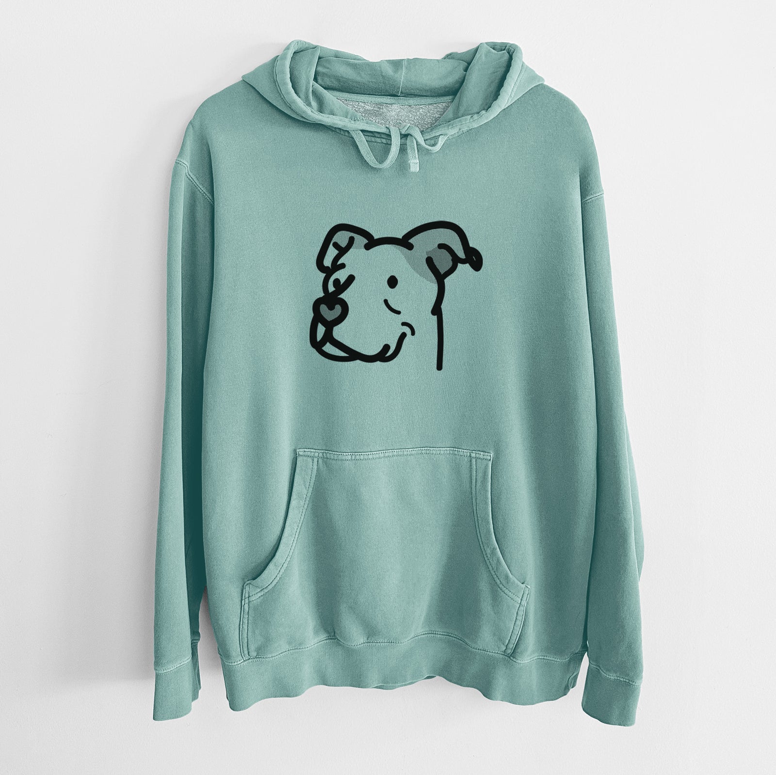 Minimalist line drawing of Mr. Sir the Pitbull Mix on a Mint Unisex pigment dyed hoodie
