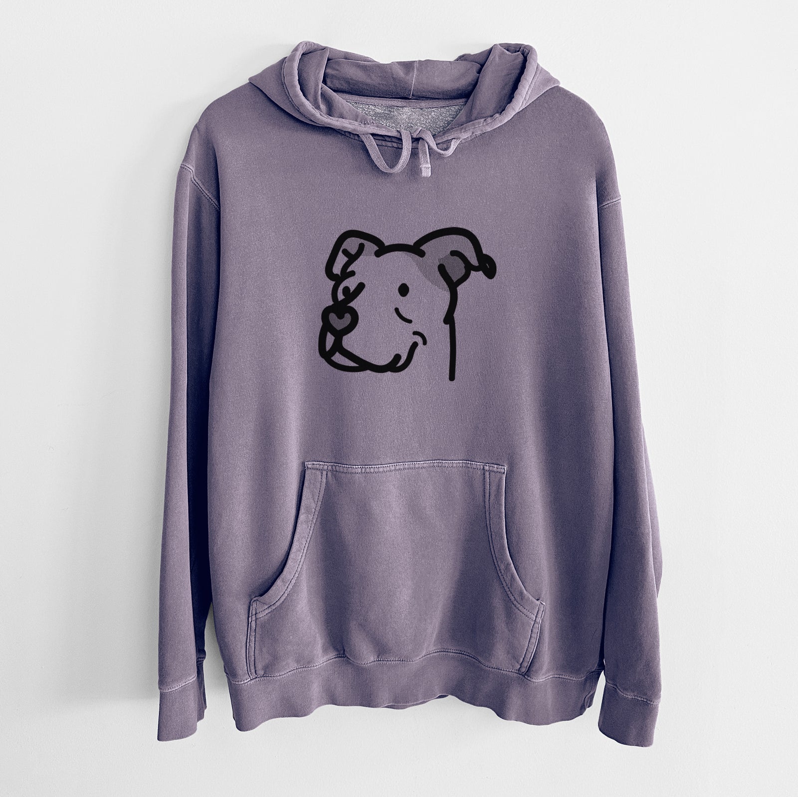 Minimalist line drawing of Mr. Sir the Pitbull Mix on a Plum Unisex pigment dyed hoodie