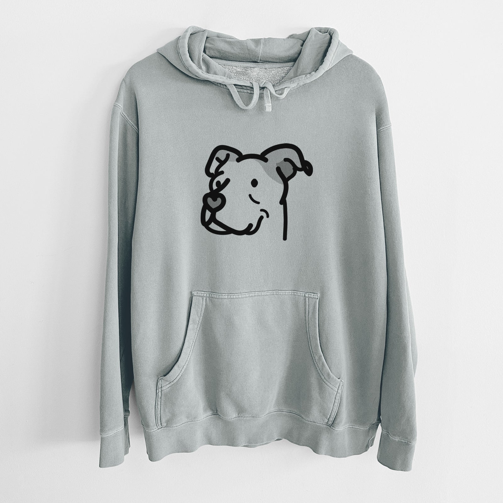Minimalist line drawing of Mr. Sir the Pitbull Mix on a Sage Unisex pigment dyed hoodie