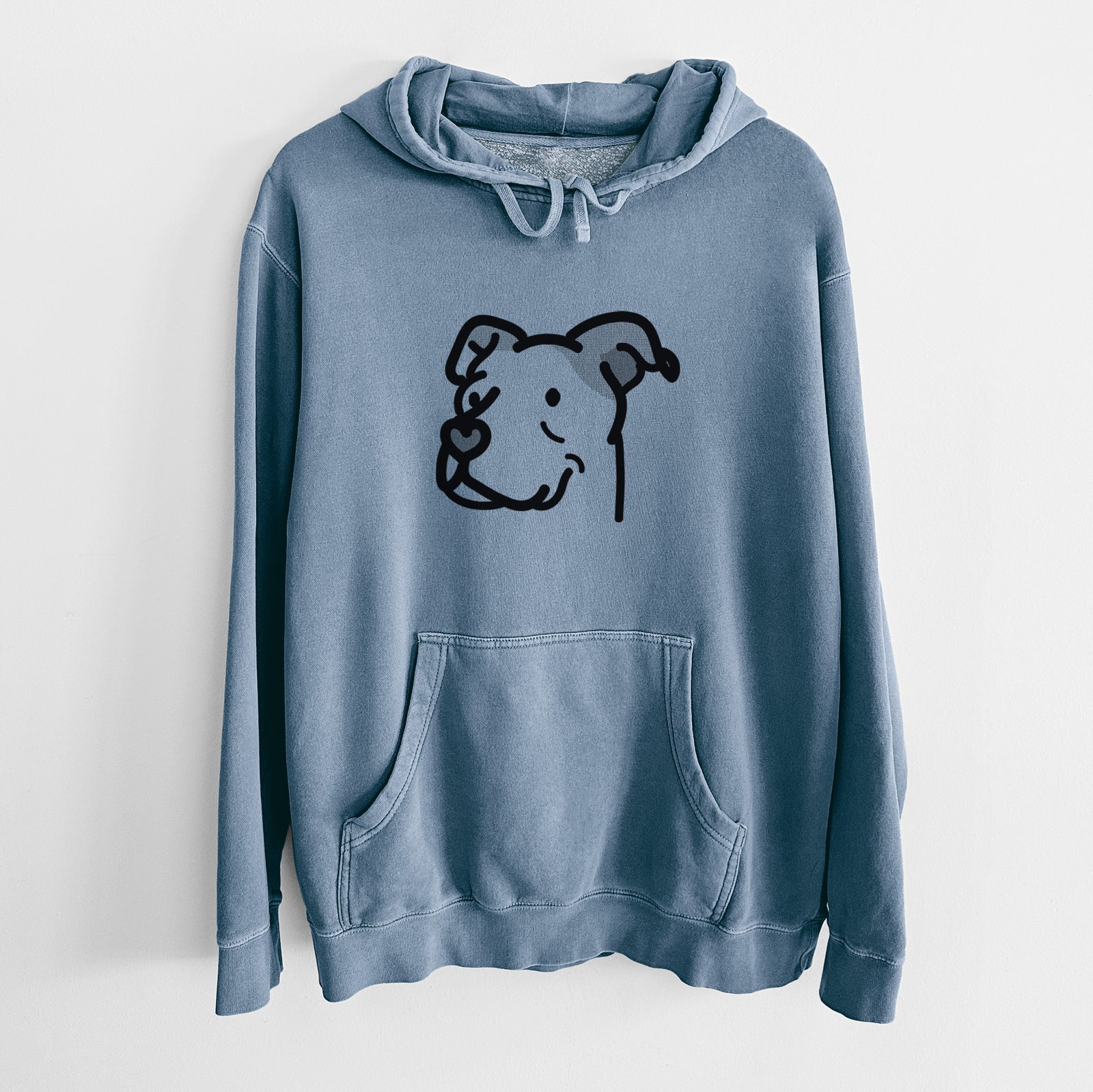 Minimalist line drawing of Mr. Sir the Pitbull Mix on a Slate Blue Unisex pigment dyed hoodie