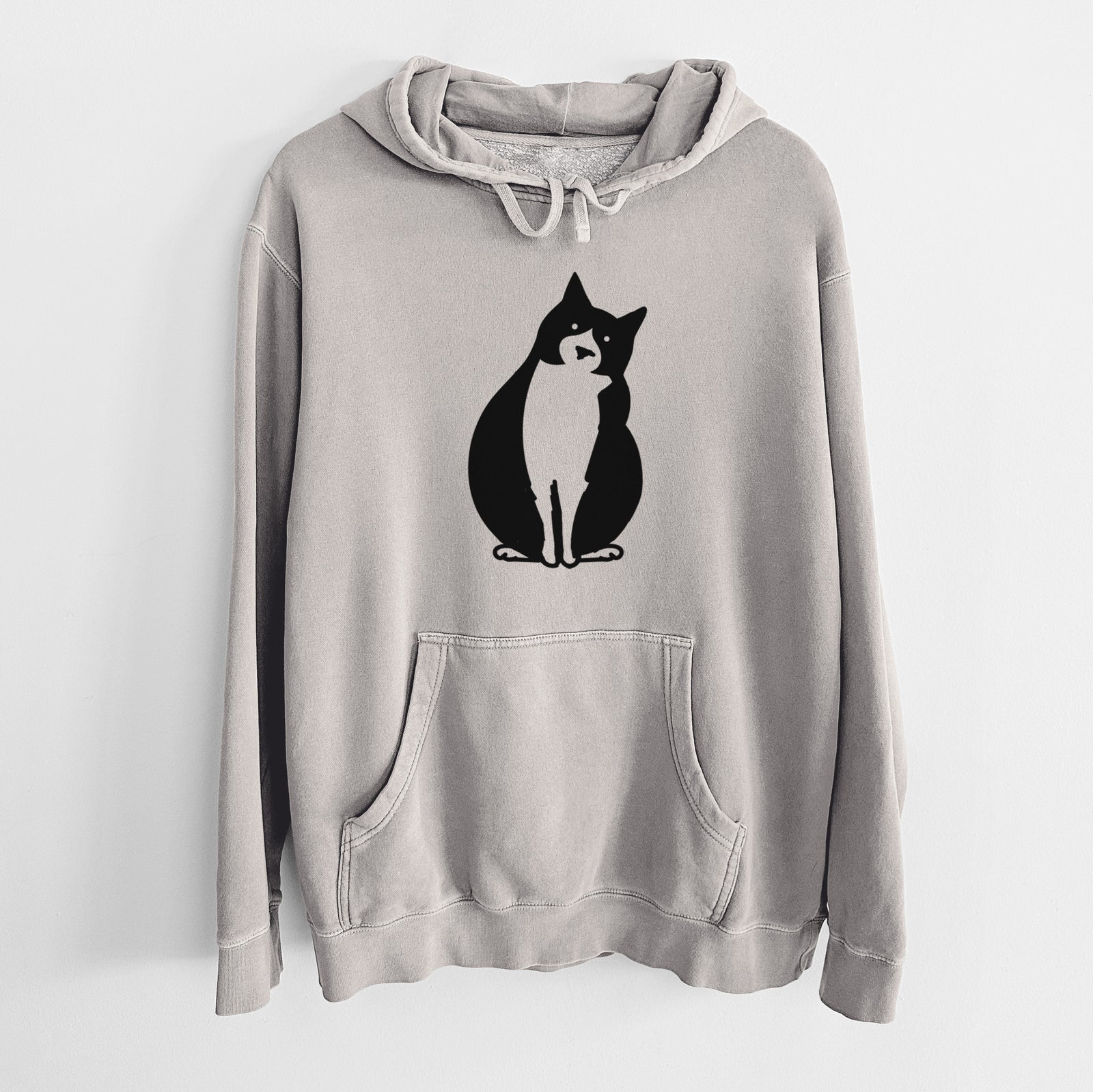 Minimalist line drawing of Oliver the Tuxedo Cat on a Cement Unisex pigment dyed hoodie