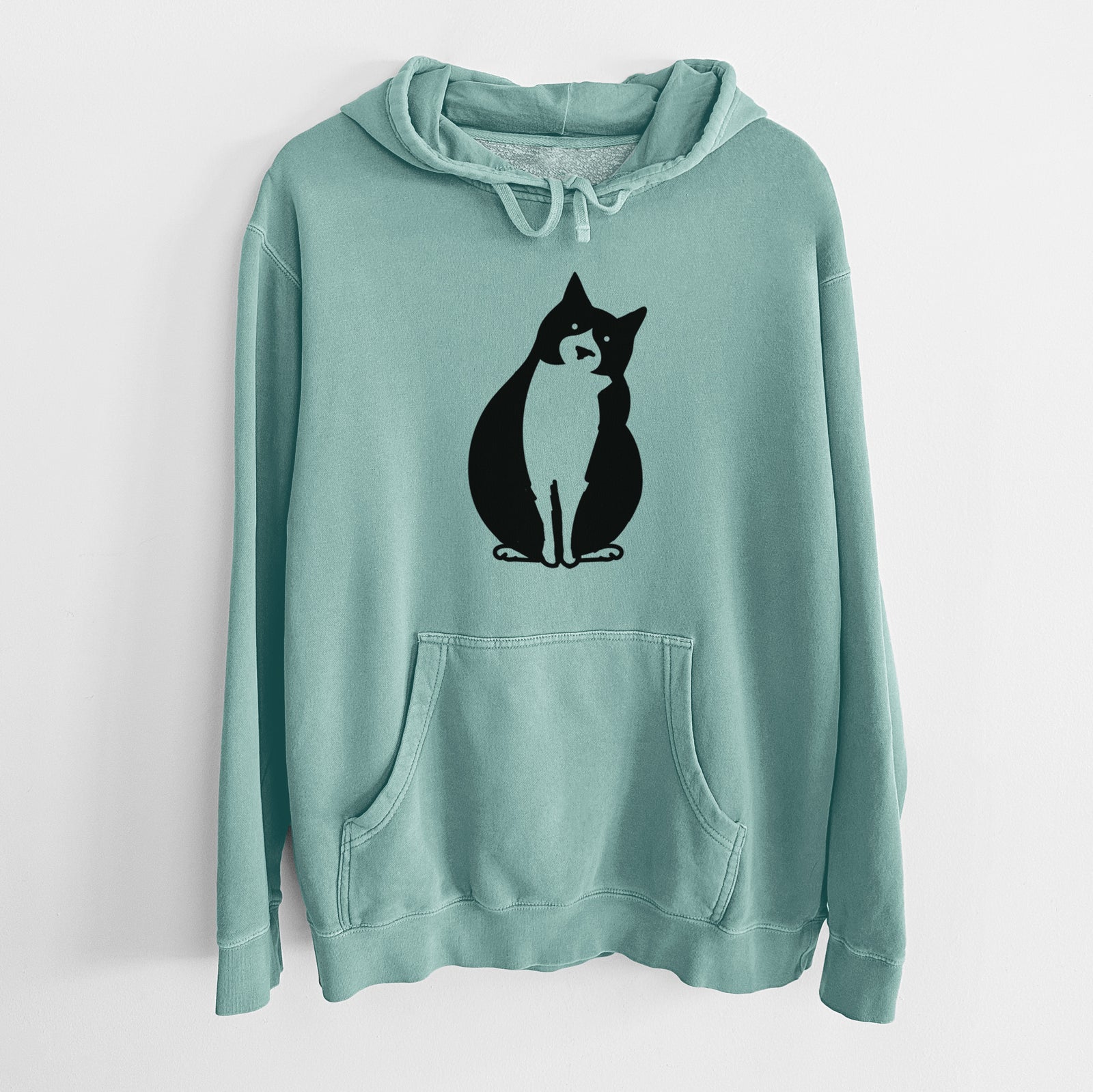 Minimalist line drawing of Oliver the Tuxedo Cat on a Mint Unisex pigment dyed hoodie