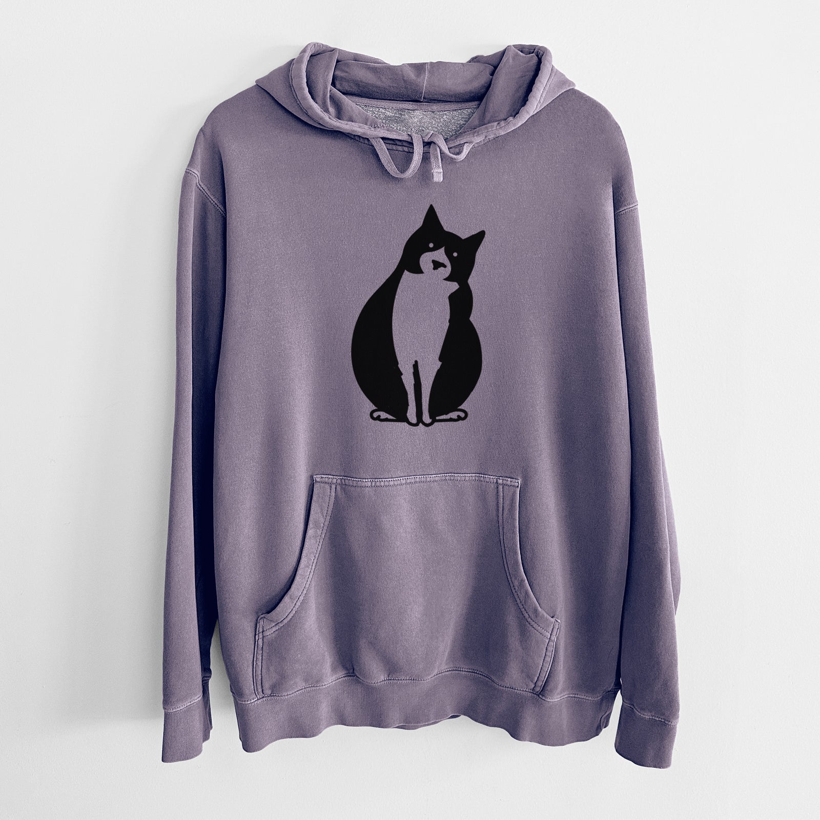 Minimalist line drawing of Oliver the Tuxedo Cat on a Plum Unisex pigment dyed hoodie
