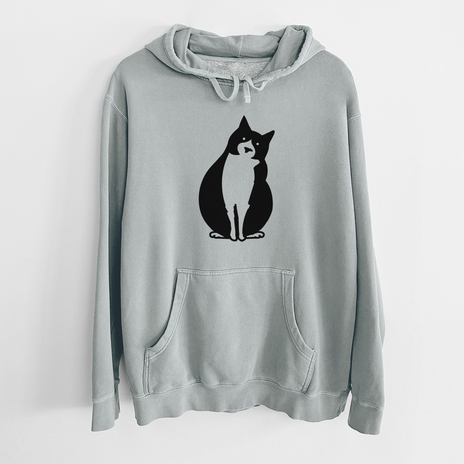 Minimalist line drawing of Oliver the Tuxedo Cat on a Sage Unisex pigment dyed hoodie