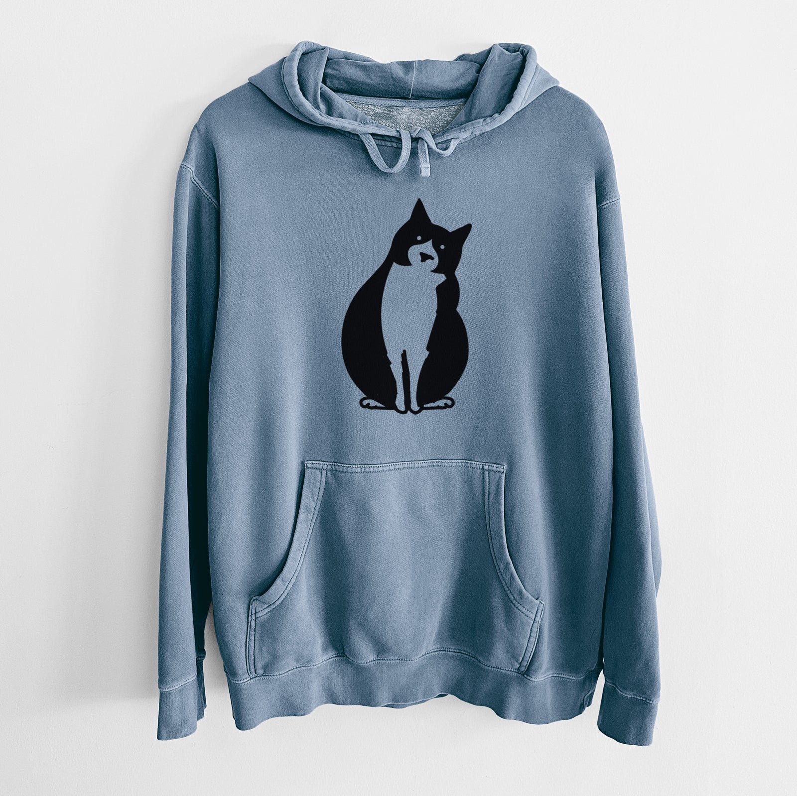 Minimalist line drawing of Oliver the Tuxedo Cat on a Slate Blue Unisex pigment dyed hoodie