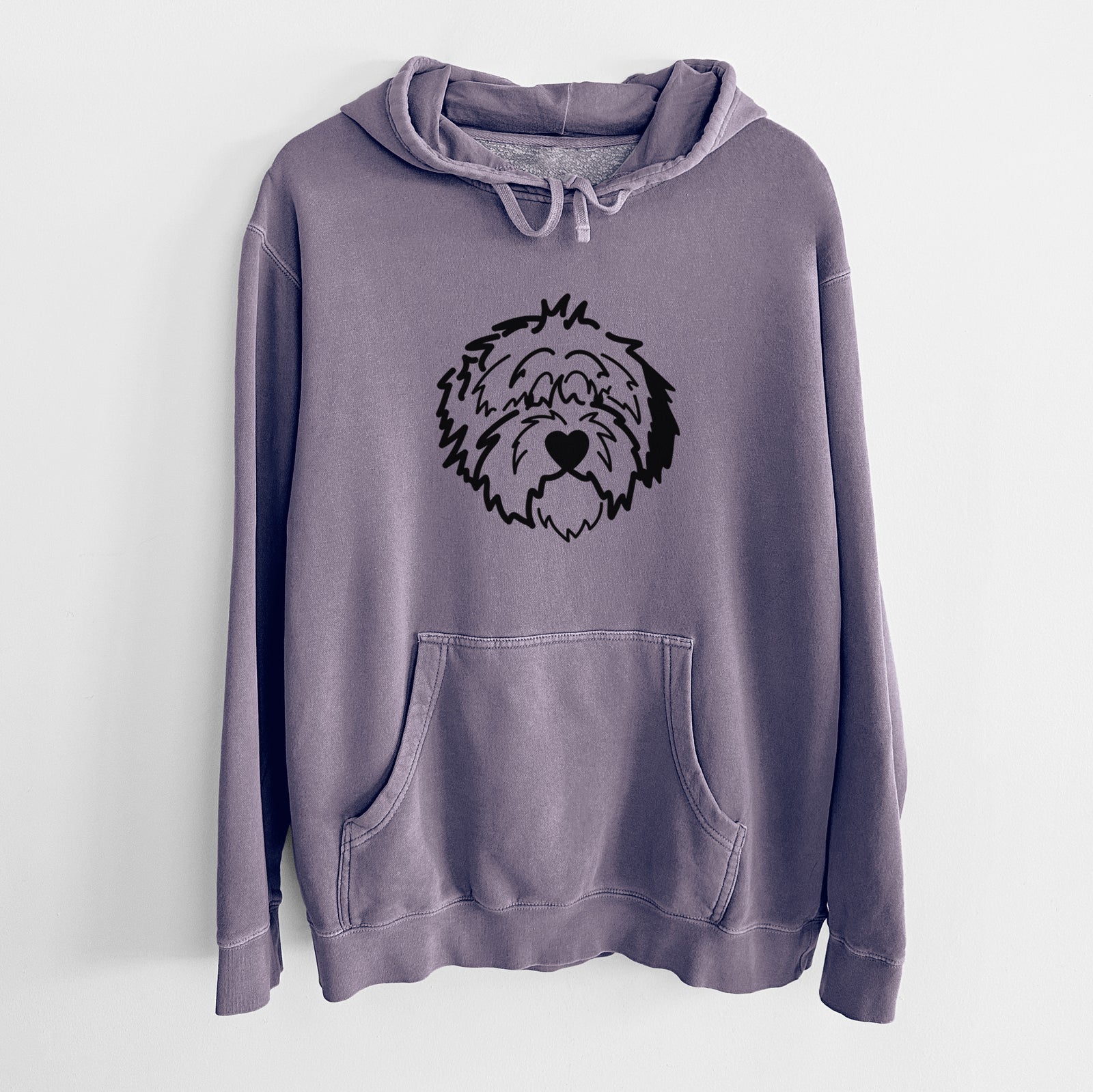 Minimalist line drawing of Penny the Old English Sheepdog on a Plum Unisex pigment dyed hoodie