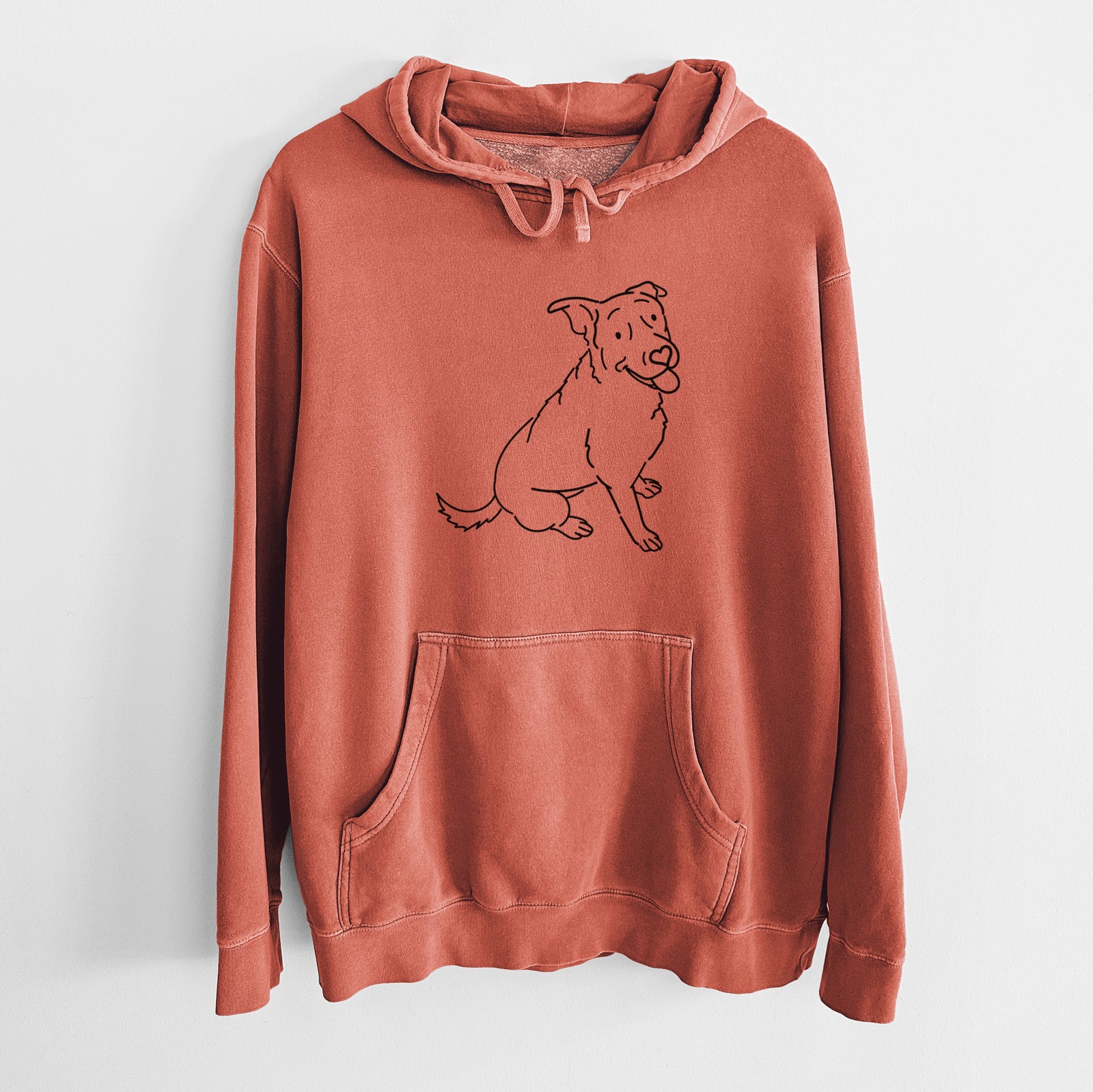Minimalist line drawing of Rocky the Rottweiler Mix on an Amber Unisex pigment dyed hoodie
