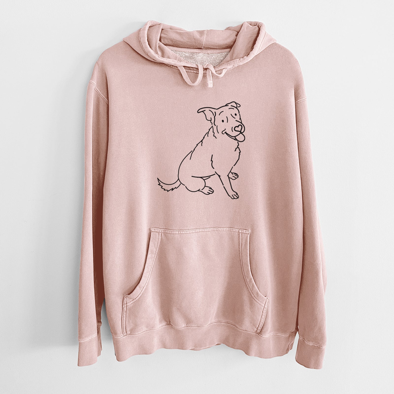 Minimalist line drawing of Rocky the Rottweiler Mix on a Dusty Pink Unisex pigment dyed hoodie