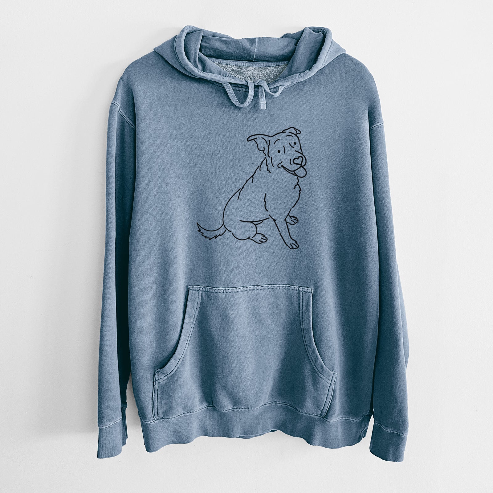 Minimalist line drawing of Rocky the Rottweiler Mix on a Slate Blue Unisex pigment dyed hoodie