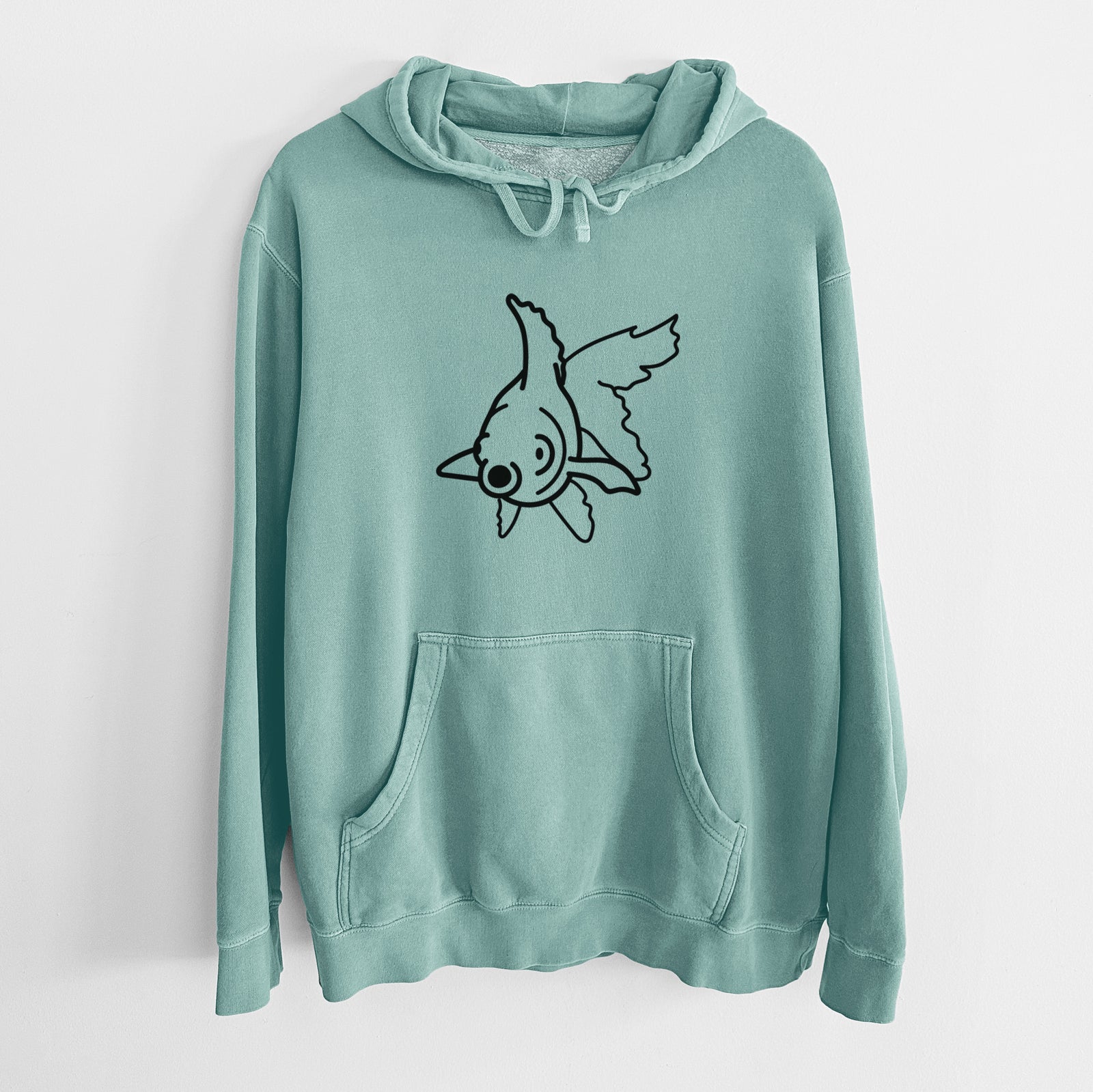 Minimalist line drawing of Ruby the Goldfish on a Mint Unisex pigment dyed hoodie