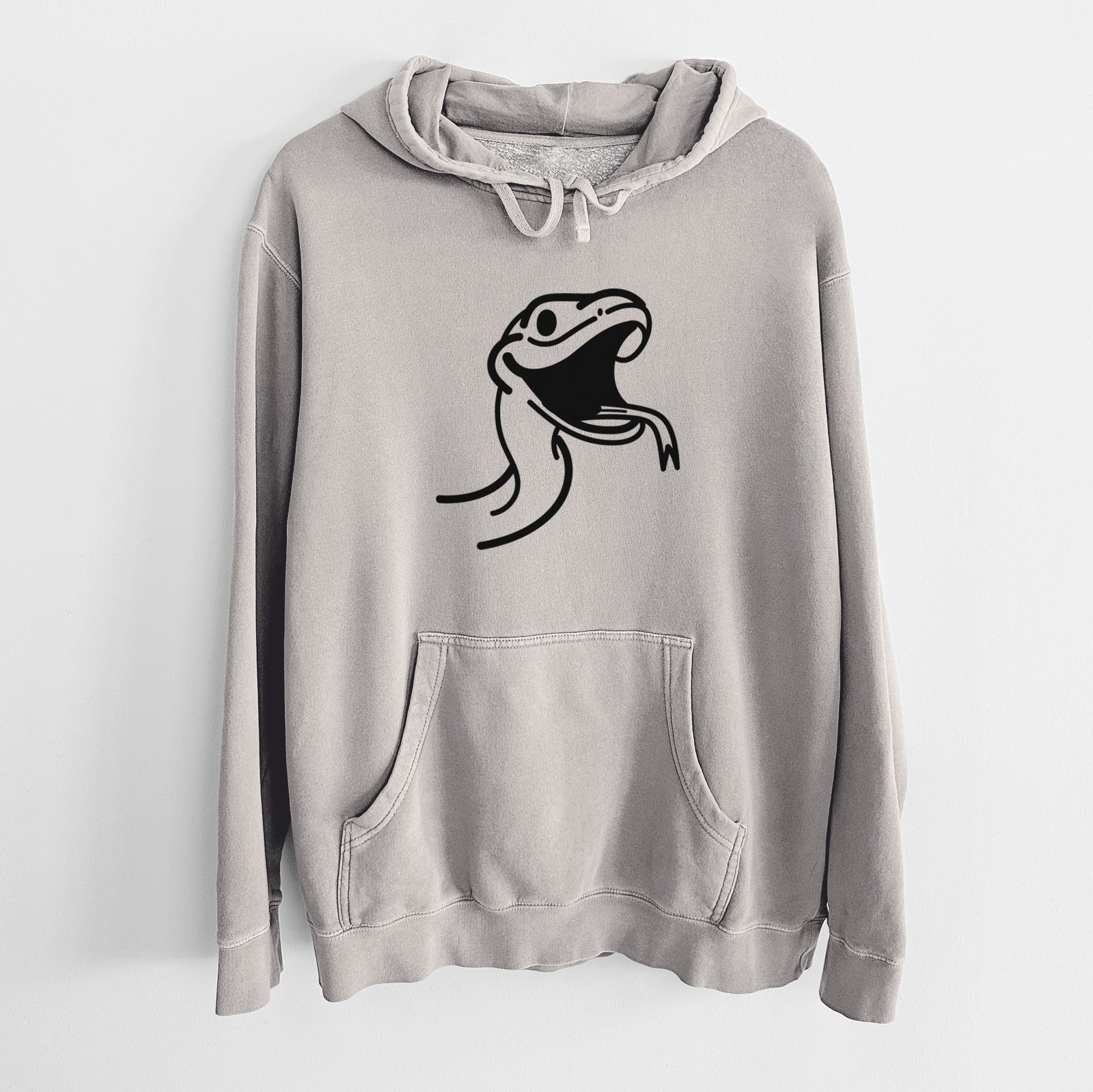 Minimalist line drawing of Spike the Snake on a Cement Unisex pigment dyed hoodie