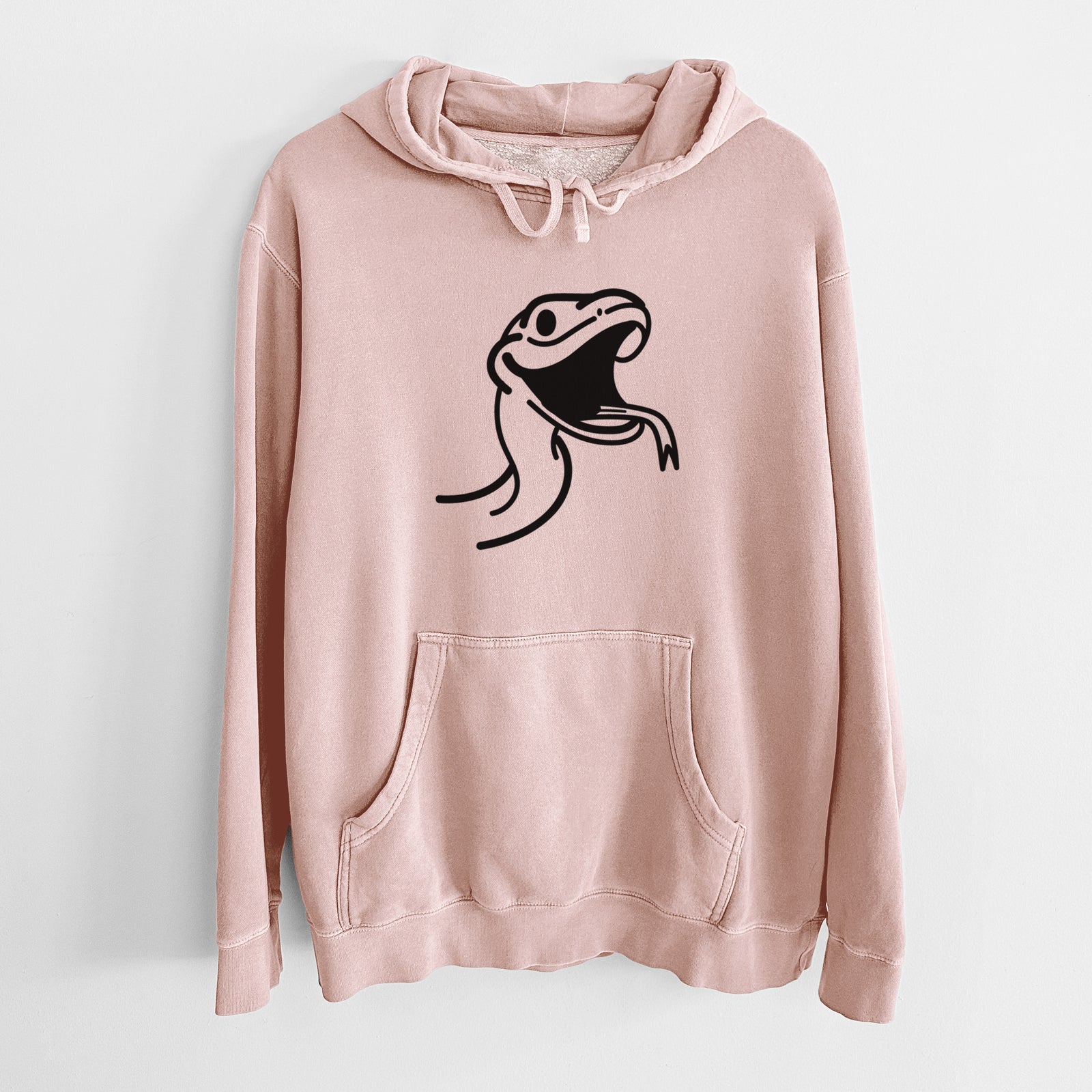 Minimalist line drawing of Spike the Snake on a Dusty Pink Unisex pigment dyed hoodie