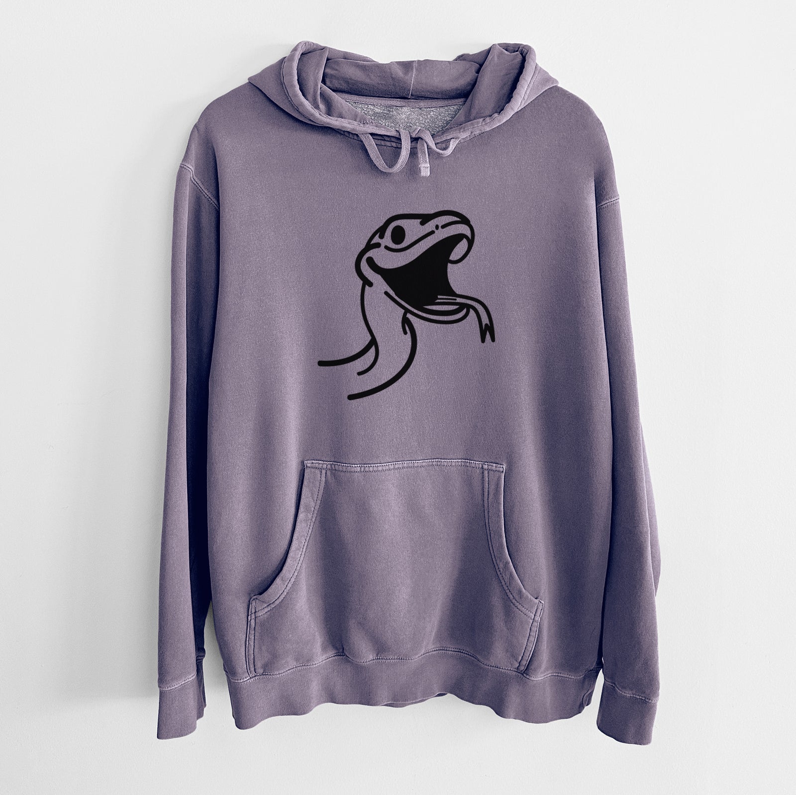 Minimalist line drawing of Spike the Snake on a Plum Unisex pigment dyed hoodie