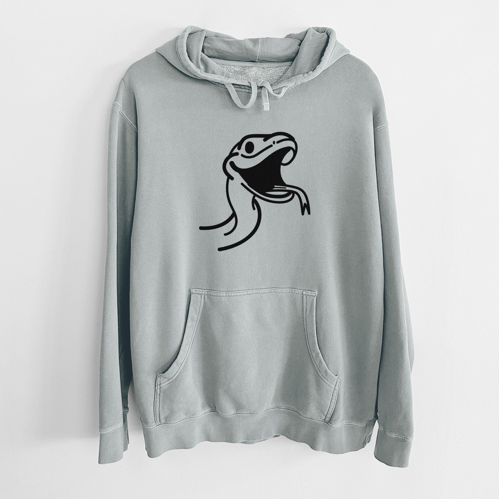 Minimalist line drawing of Spike the Snake on a Sage Unisex pigment dyed hoodie
