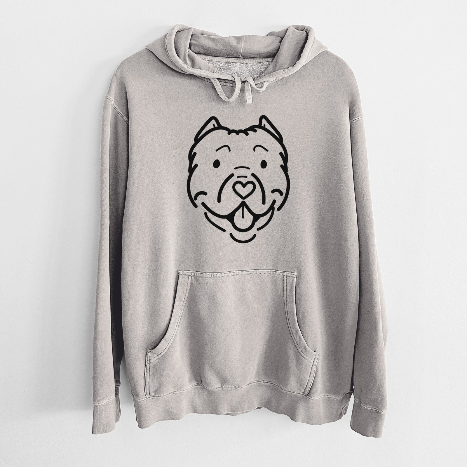 Minimalist line drawing of Tank the American Bully on a Cement Unisex pigment dyed hoodie