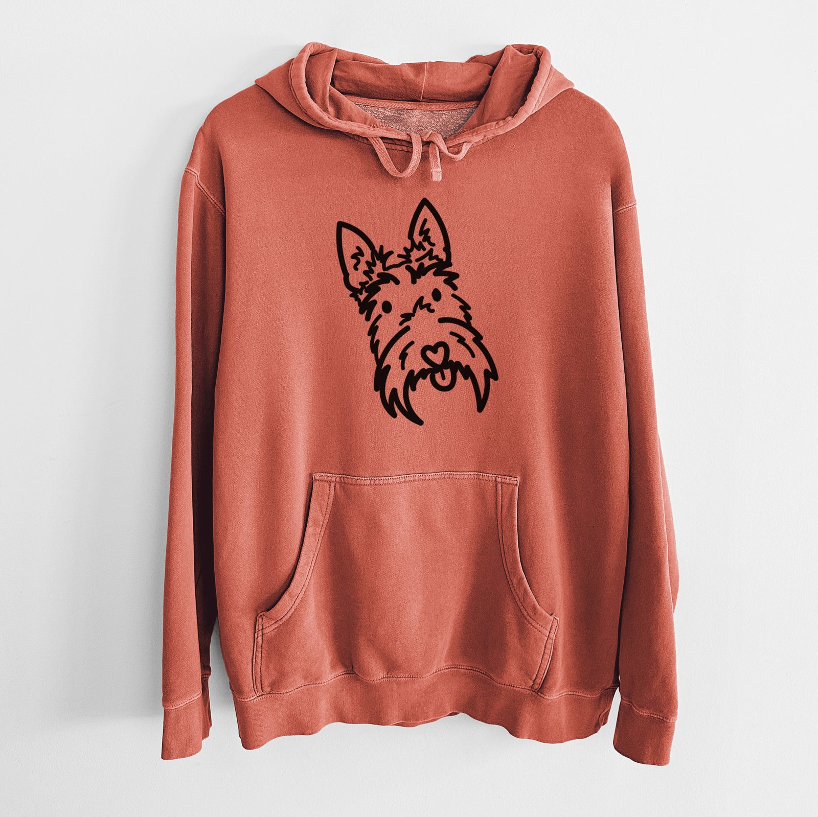 Minimalist line drawing of Thistle the Scottish Terrier on an Amber Unisex pigment dyed hoodie