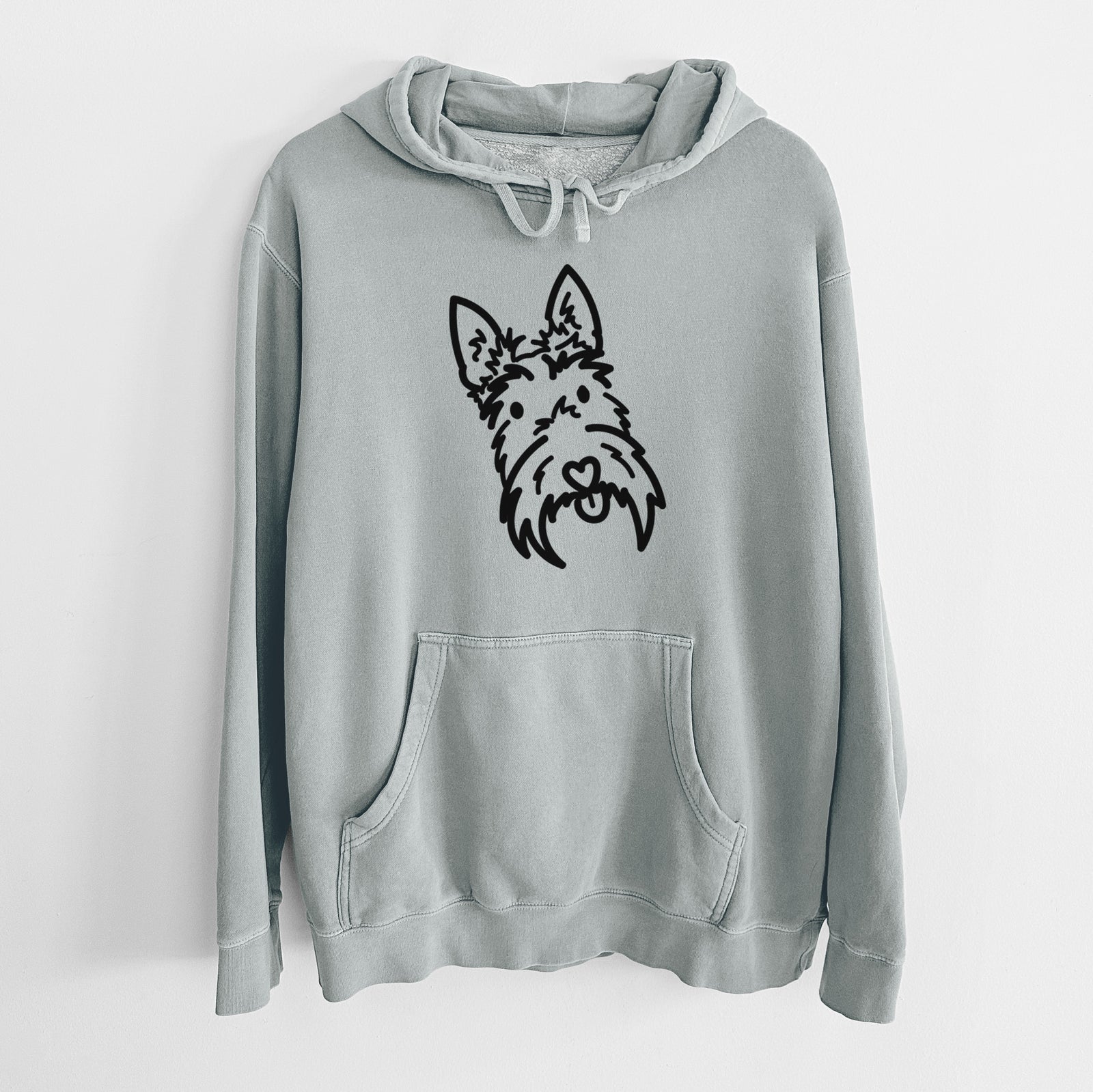 Minimalist line drawing of Thistle the Scottish Terrier on a Sage Unisex pigment dyed hoodie