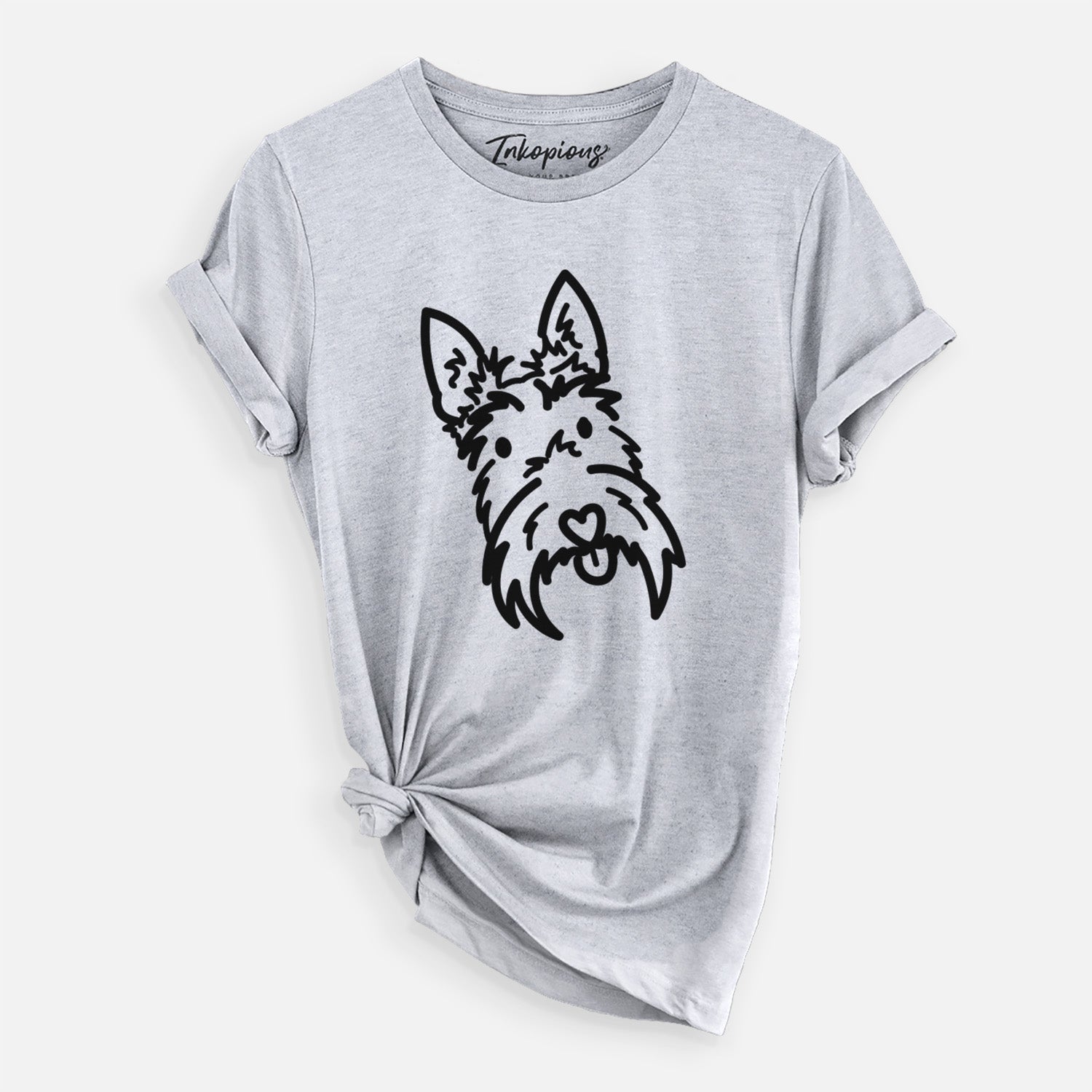 Minimalist line drawing of Thistle the Scottish Terrier on a Grey Unisex crewneck