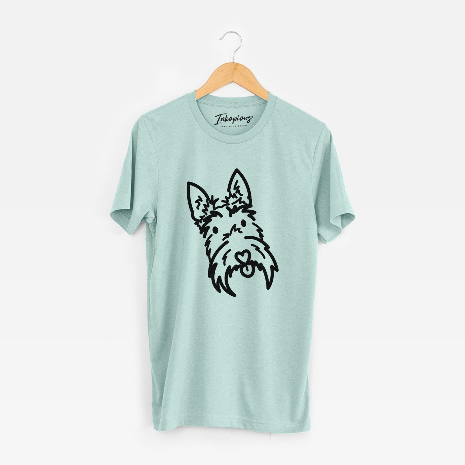 Minimalist line drawing of Thistle the Scottish Terrier on a Heather Sage Unisex crewneck
