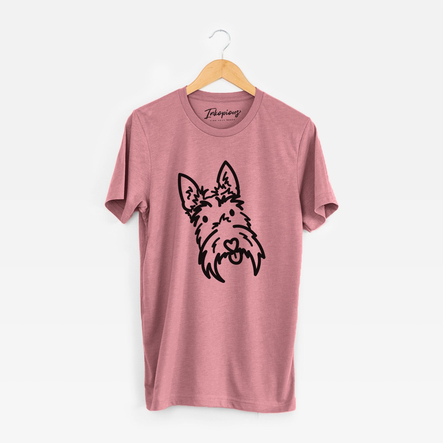 Minimalist line drawing of Thistle the Scottish Terrier on a Mauve Unisex crewneck