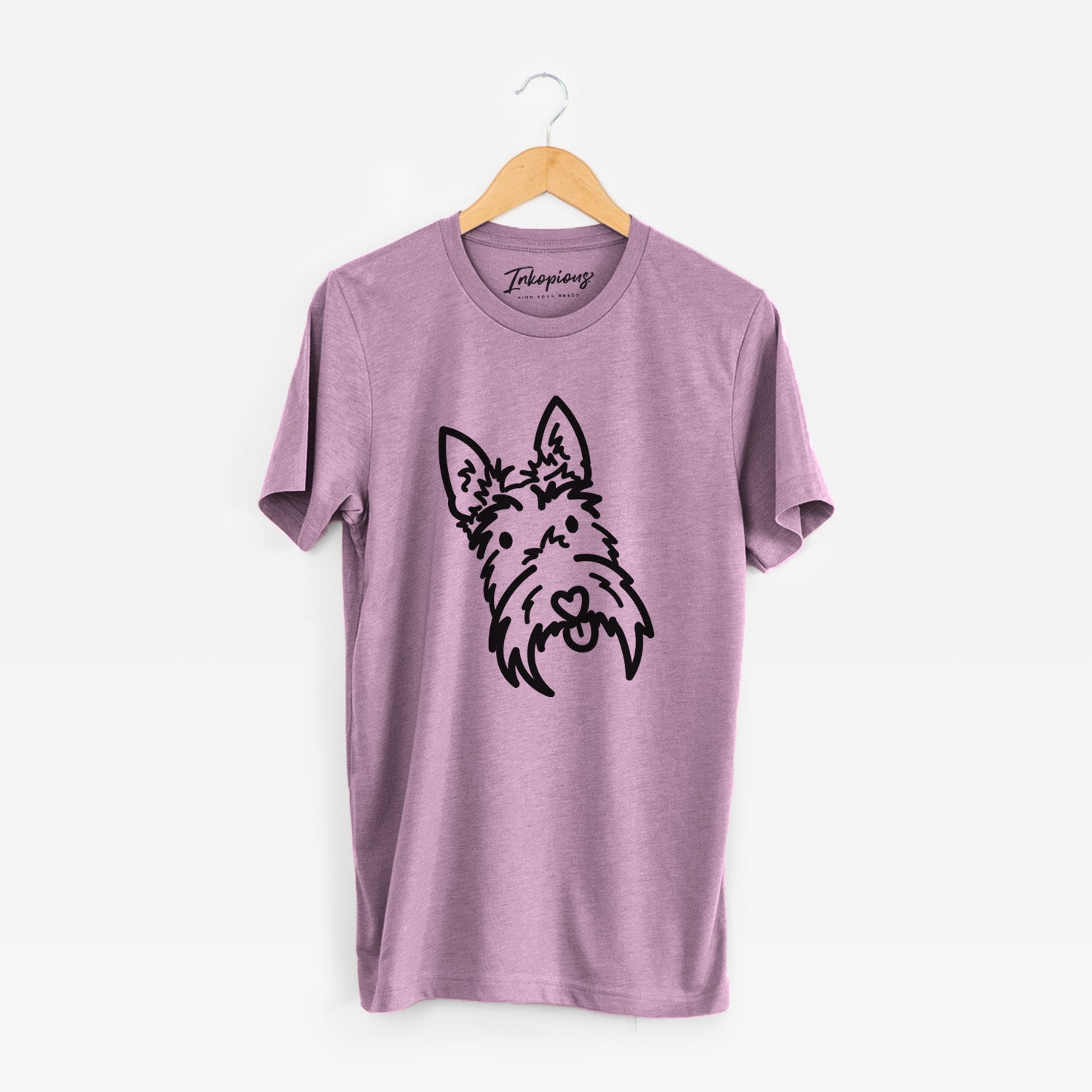 Minimalist line drawing of Thistle the Scottish Terrier on an Orchid Unisex crewneck