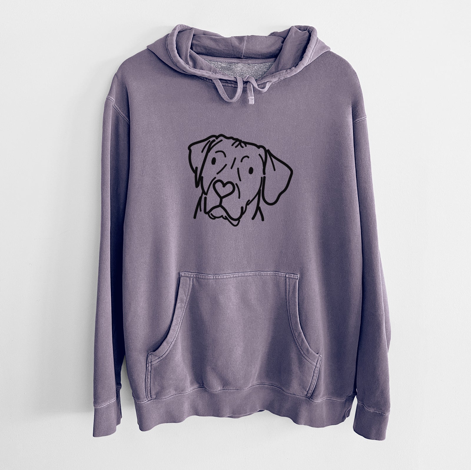 Minimalist line drawing of Tito the Rhodesian Ridgeback on a Plum Unisex pigment dyed hoodie