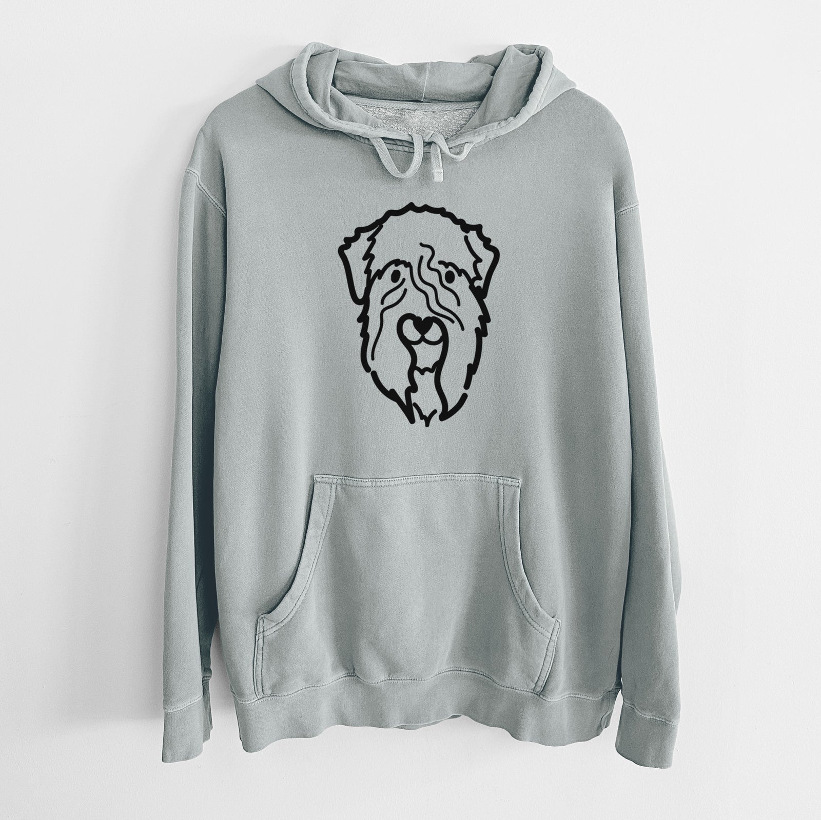 Minimalist line drawing of a Soft Coated Wheaten Terrier on a Sage Unisex pigment dyed hoodie