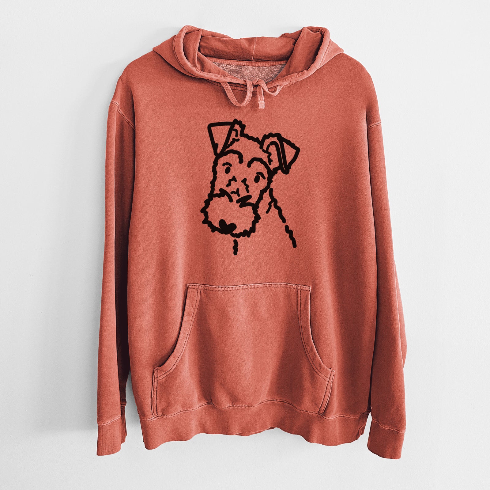 Minimalist line drawing of a Wire Fox Terrier on an Amber Unisex pigment dyed hoodie