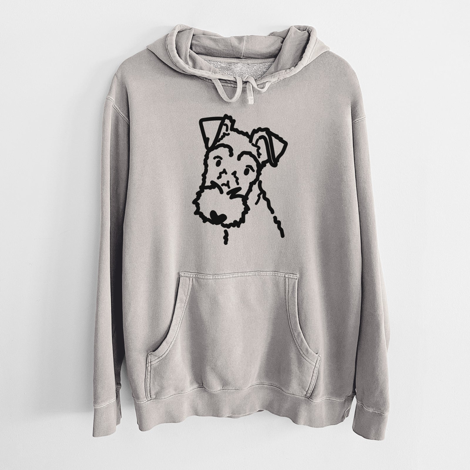 Minimalist line drawing of a Wire Fox Terrier on a Cement Unisex pigment dyed hoodie