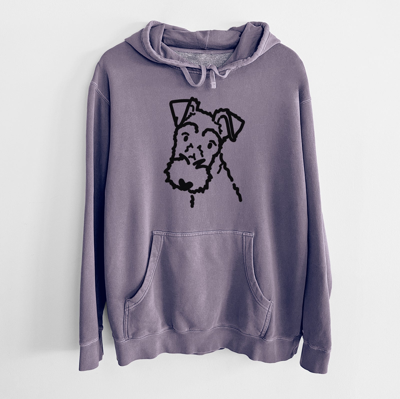 Minimalist line drawing of a Wire Fox Terrier on a Plum Unisex pigment dyed hoodie