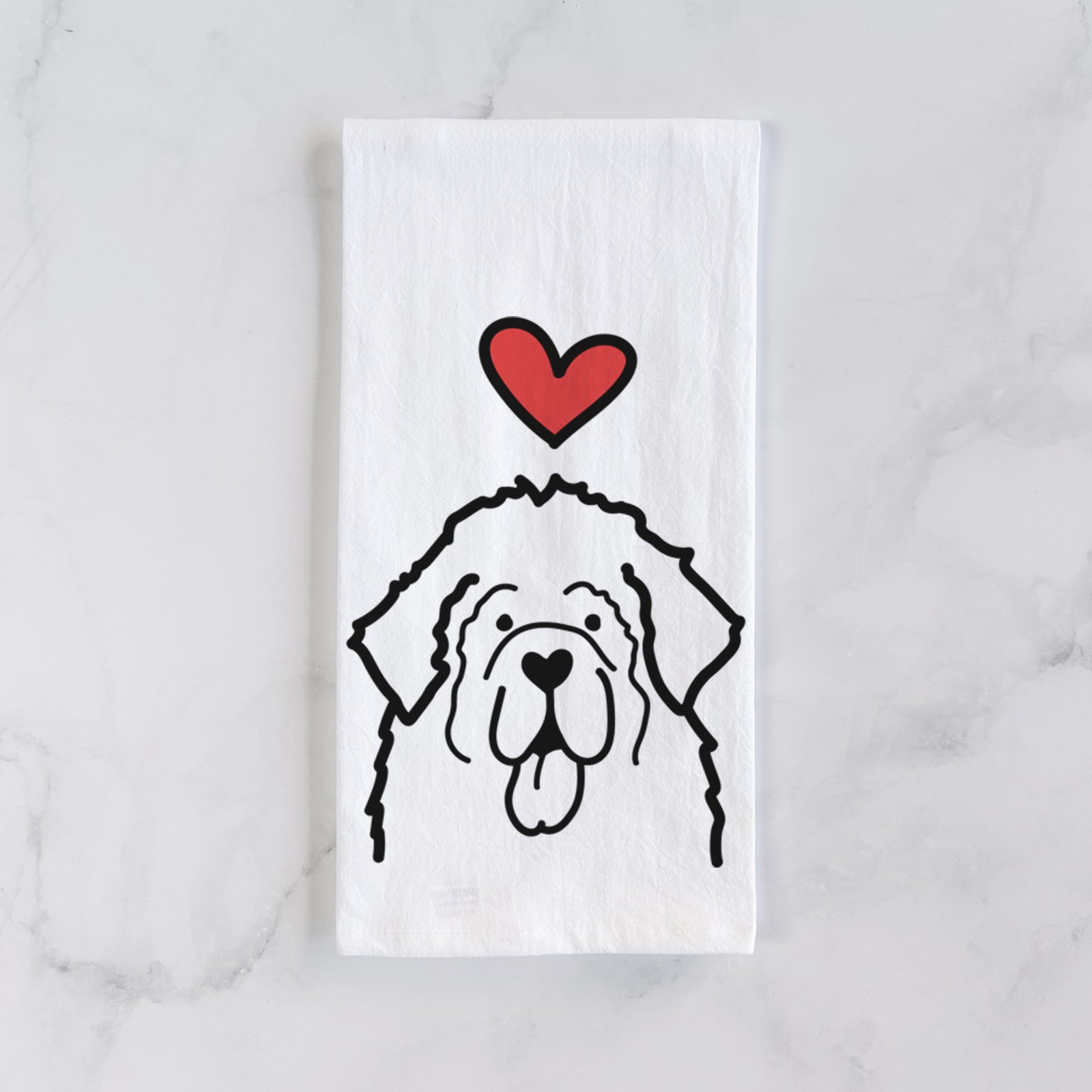 Minimalist line drawing of a Newfoundland with a red heart on a tea towel