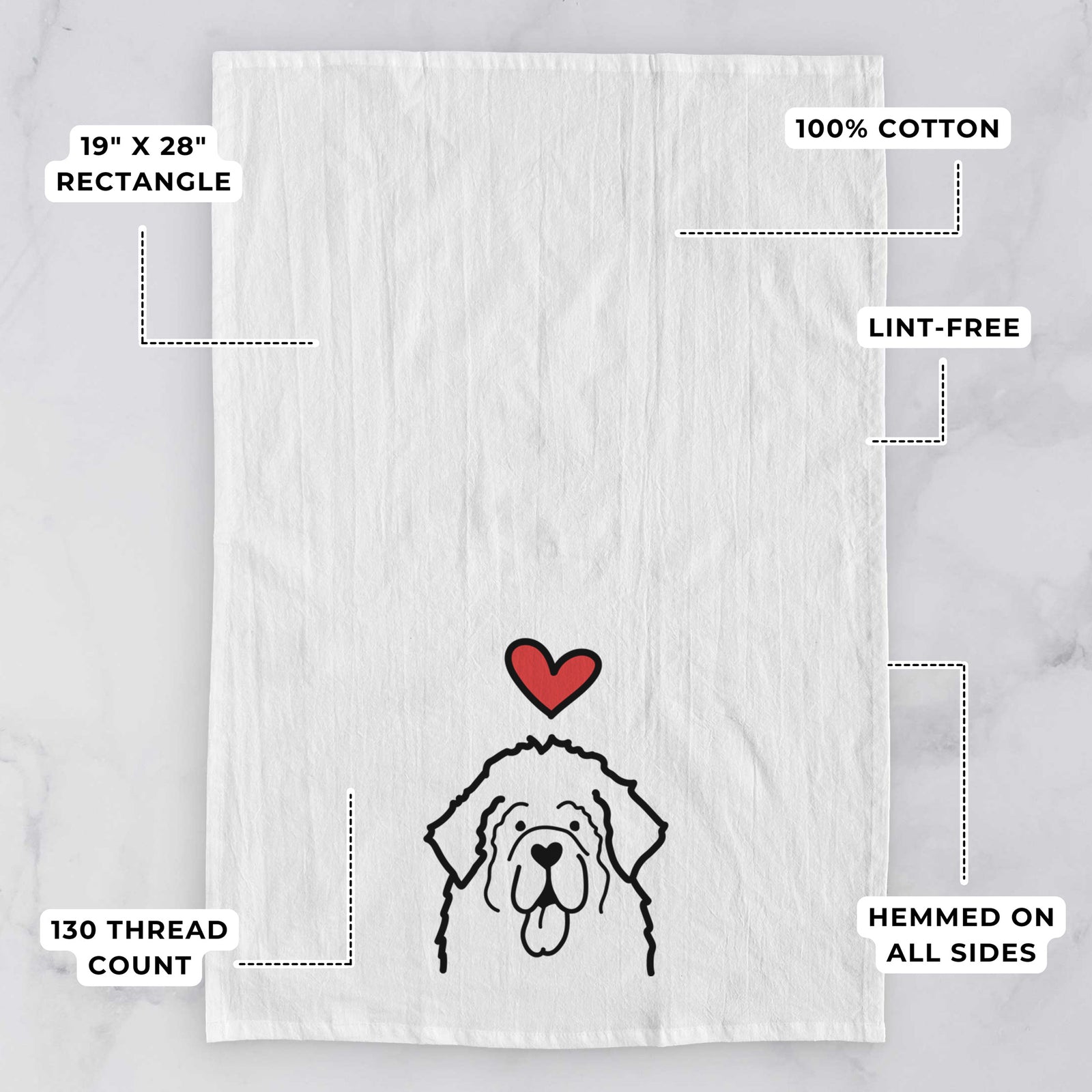 Minimalist line drawing of a Newfoundland with a red heart on a tea towel, with feature callouts: 19 x 28 inch rectangle, 100% cotton, lint-free, 120 thread count, hemmed on all sides