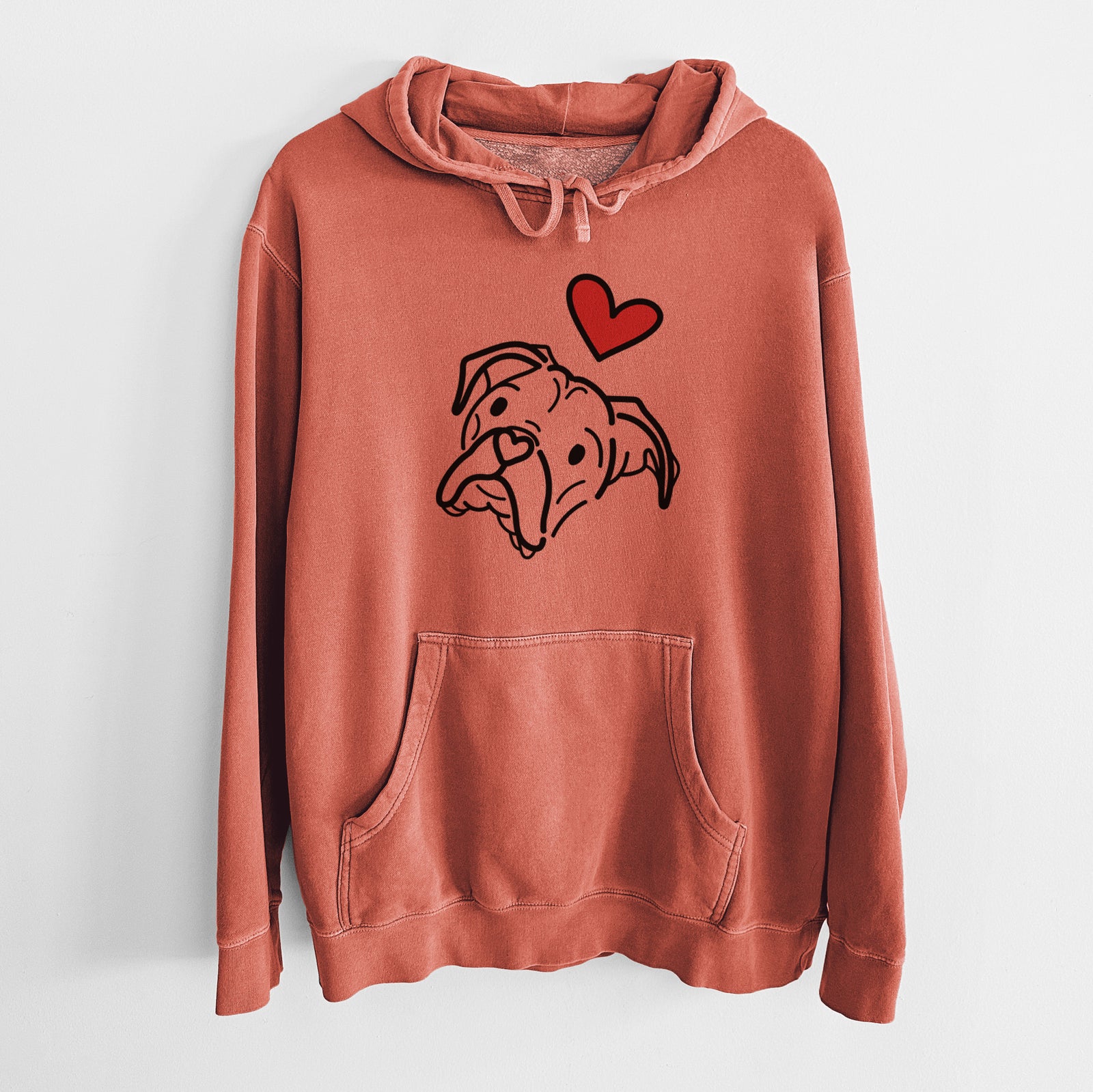 Minimalist line drawing of Noodle the Boxer with a red heart on an Amber Unisex pigment dyed hoodie