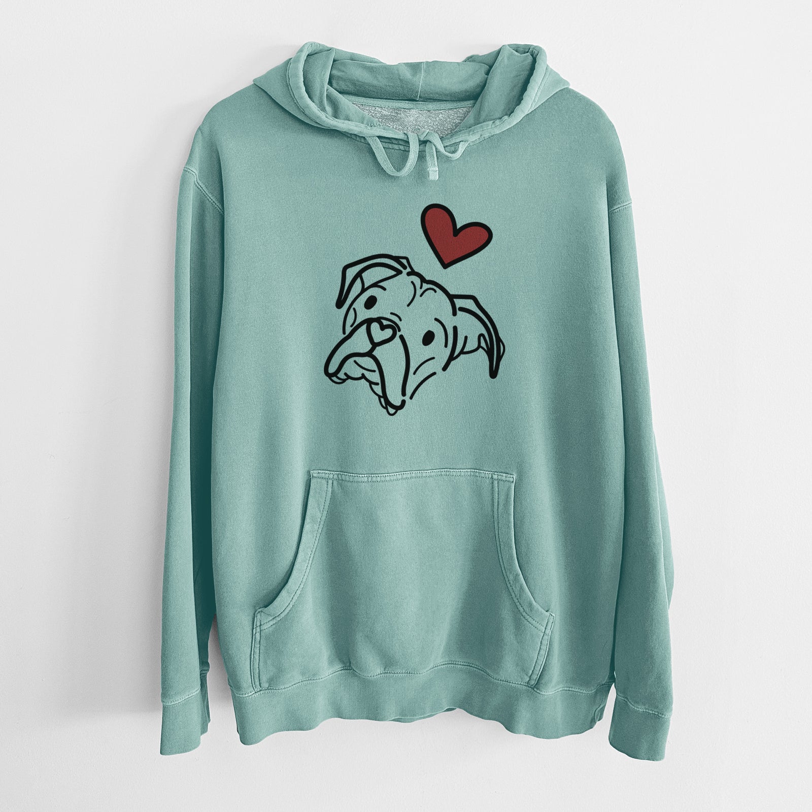 Minimalist line drawing of Noodle the Boxer with a red heart on a Mint Unisex pigment dyed hoodie