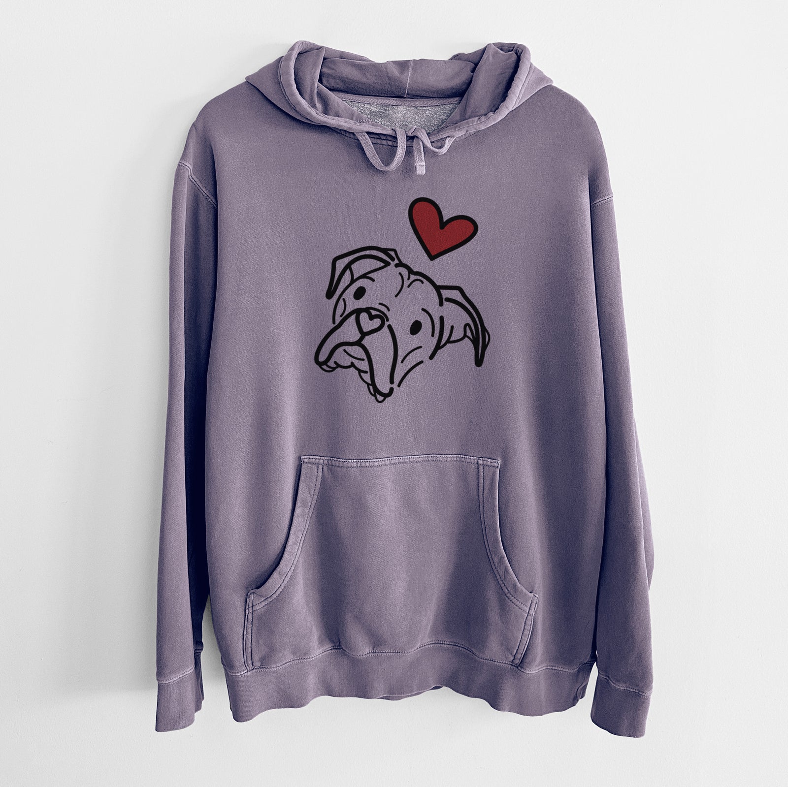 Minimalist line drawing of Noodle the Boxer with a red heart on a Plum Unisex pigment dyed hoodie