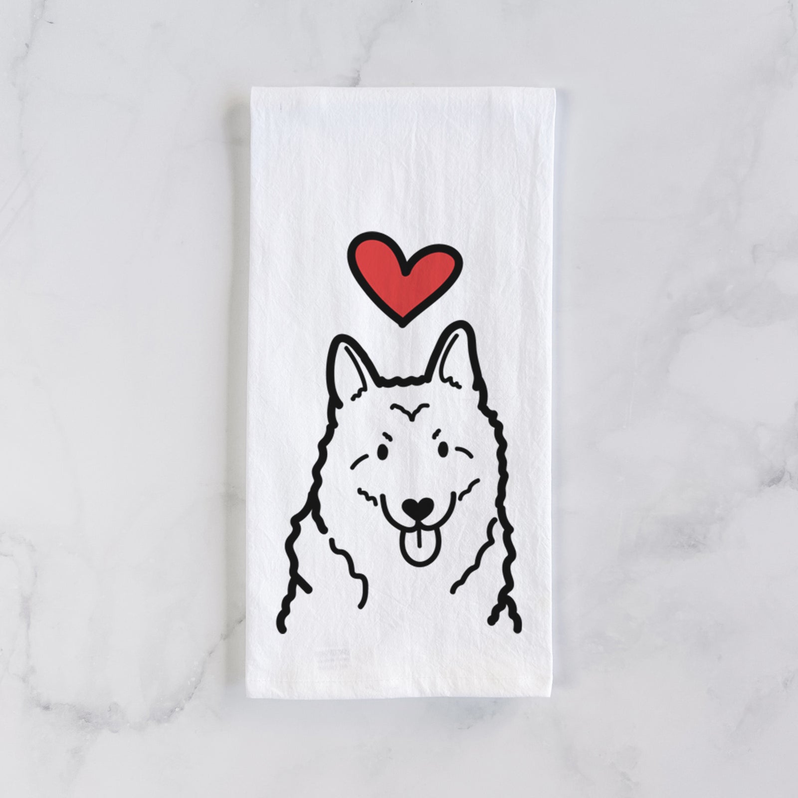 Minimalist line drawing of a Norwegian Elkhound with a red heart on a tea towel