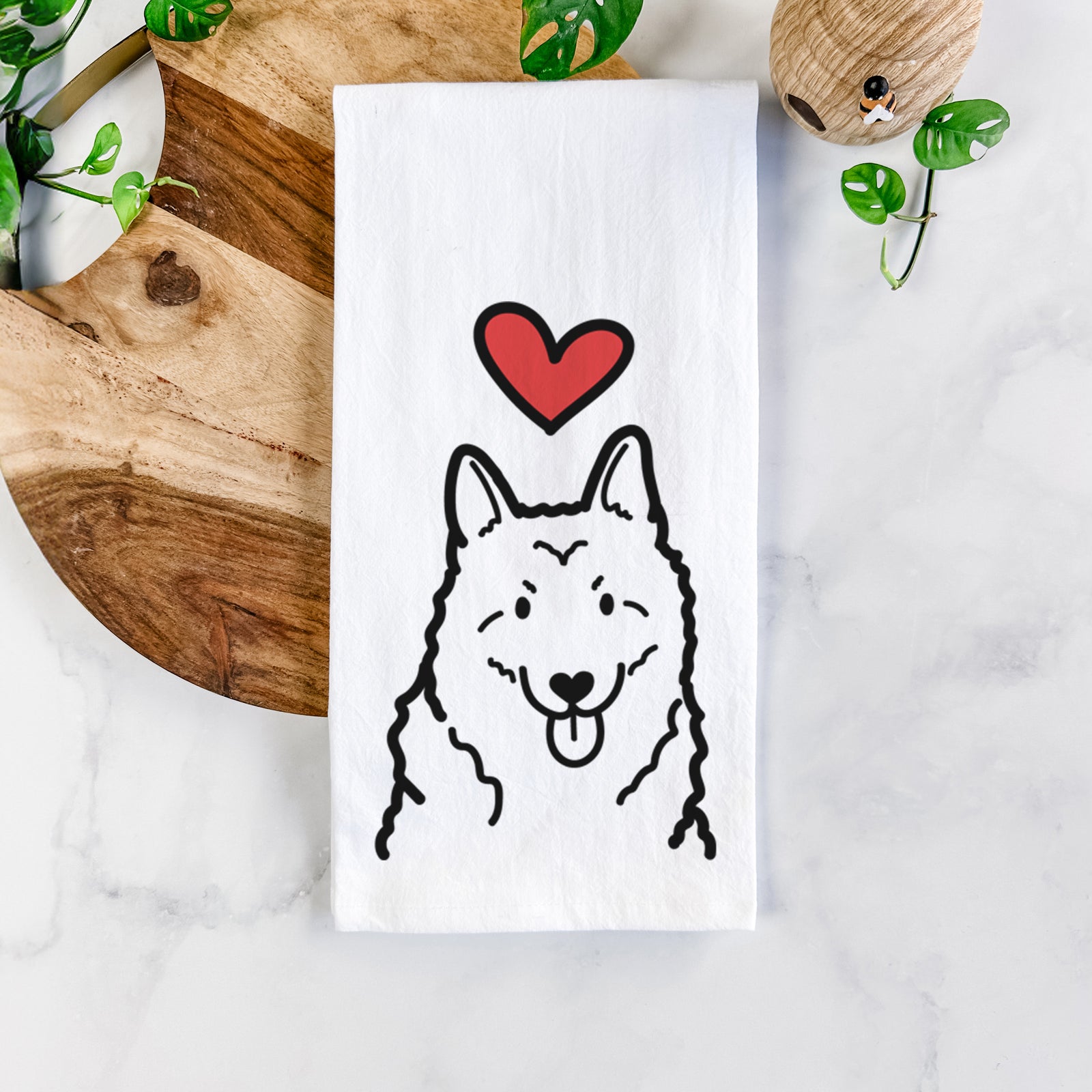 Minimalist line drawing of a Norwegian Elkhound with a red heart on a tea towel