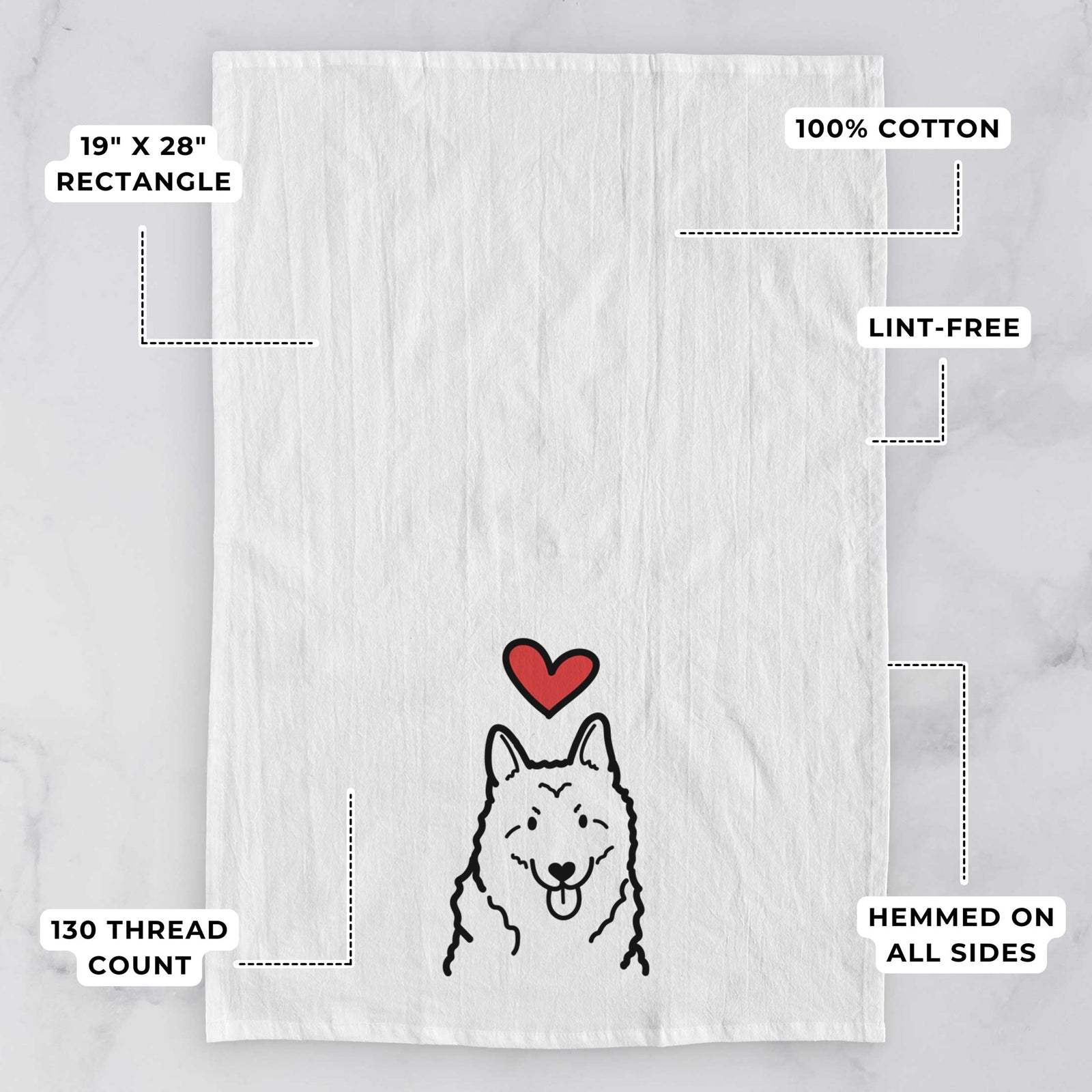 Minimalist line drawing of a Norwegian Elkhound with a red heart on a tea towel, with feature callouts: 19 x 28 inch rectangle, 100% cotton, lint-free, 120 thread count, hemmed on all sides